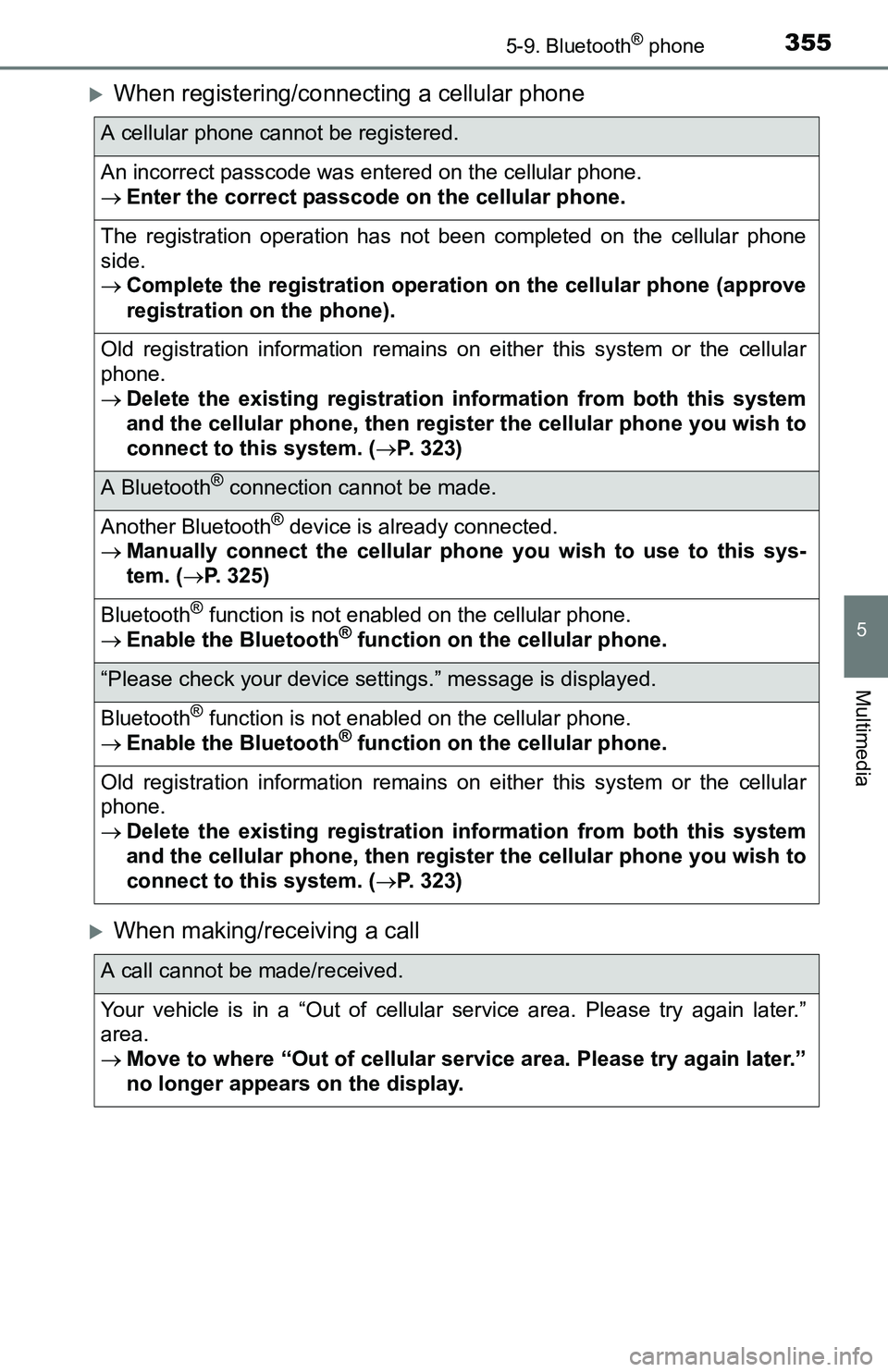 TOYOTA TACOMA 2016  Owners Manual (in English) 3555-9. Bluetooth® phone
5
Multimedia
When registering/connecting a cellular phone
When making/receiving a call
A cellular phone cannot be registered.
An incorrect passcode was entered on the c