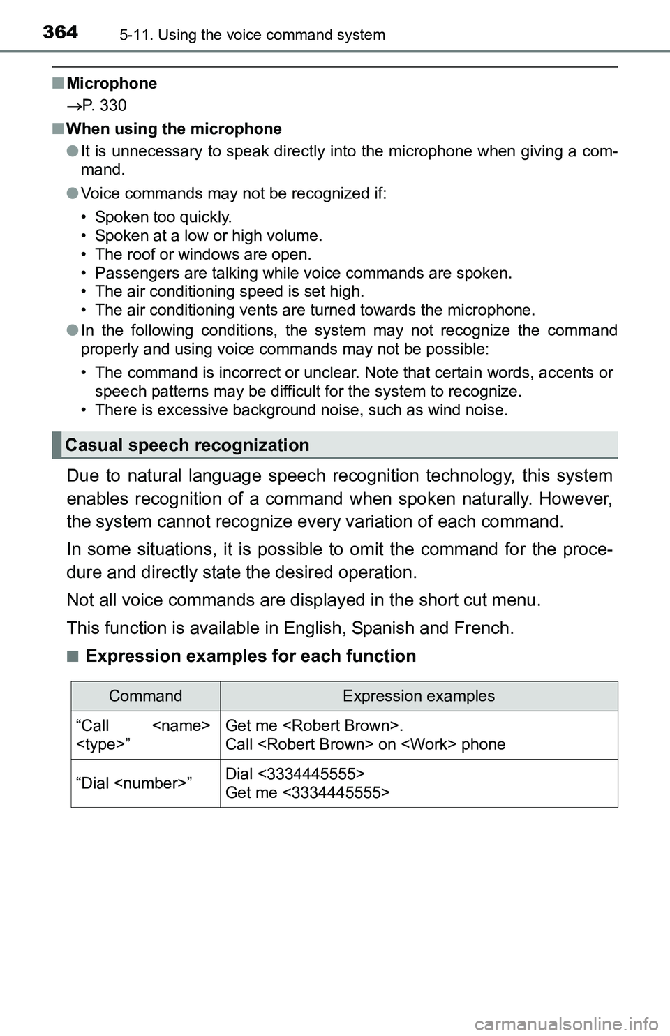 TOYOTA TACOMA 2016  Owners Manual (in English) 3645-11. Using the voice command system
■Microphone
P. 330
■When using the microphone
●It is unnecessary to speak directly into the microphone when giving a com-
mand.
●Voice commands may n