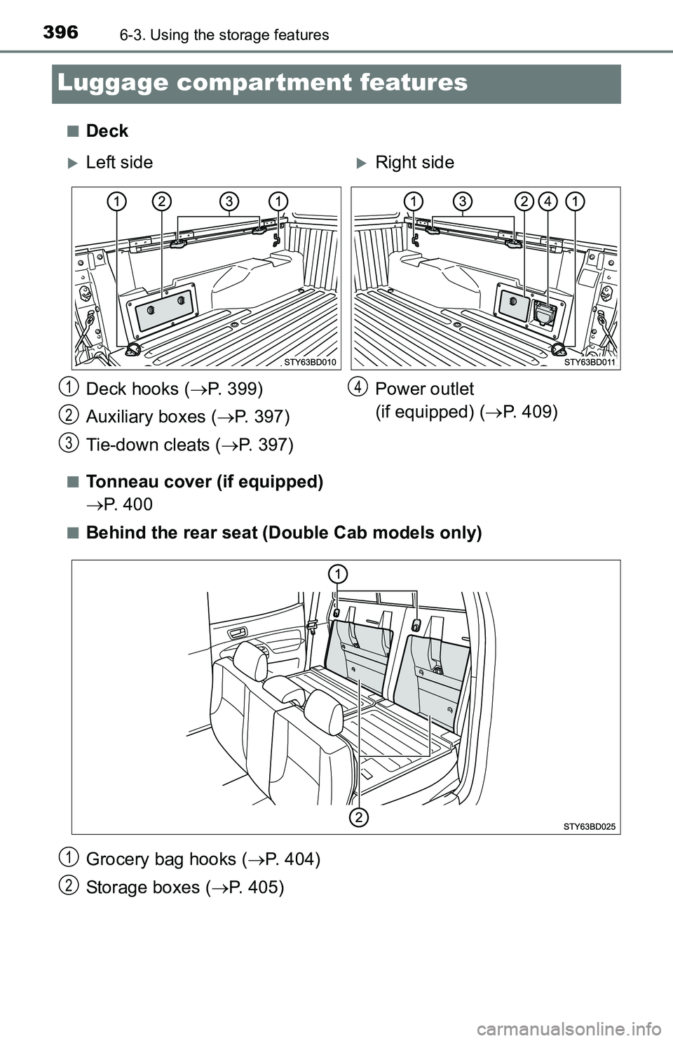 TOYOTA TACOMA 2016  Owners Manual (in English) 3966-3. Using the storage features
Luggage compartment features
■Deck
■Tonneau cover (if equipped)
P.  4 0 0
■Behind the rear seat (Double Cab models only)
Grocery bag hooks (P. 404)
Stora