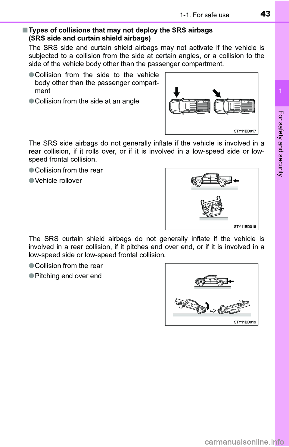 TOYOTA TACOMA 2016   (in English) Service Manual 431-1. For safe use
1
For safety and security
■Types of collisions that may not deploy the SRS airbags 
(SRS side and curtain shield airbags)
The SRS side and curtain shield airbags may not activate