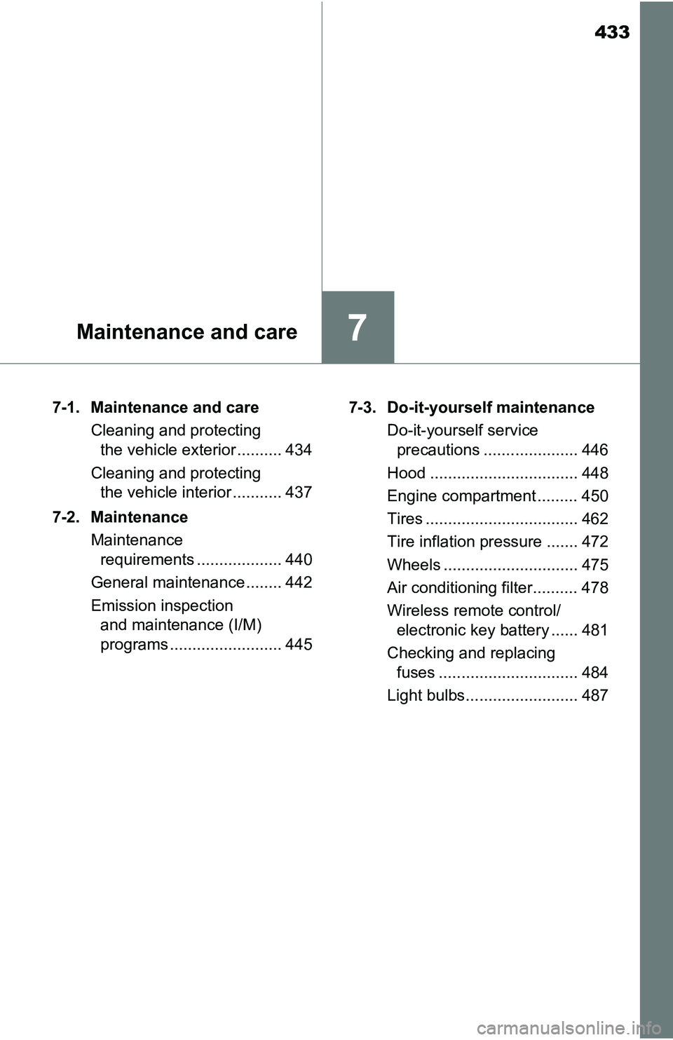 TOYOTA TACOMA 2016 Owners Manual (in English) 433
7Maintenance and care
7-1. Maintenance and care
Cleaning and protecting
the vehicle exterior .......... 434
Cleaning and protecting
the vehicle interior ........... 437
7-2. Maintenance
Maintena TOYOTA TACOMA 2016 Owners Manual (in English) 433
7Maintenance and care
7-1. Maintenance and care
Cleaning and protecting
the vehicle exterior .......... 434
Cleaning and protecting
the vehicle interior ........... 437
7-2. Maintenance
Maintena