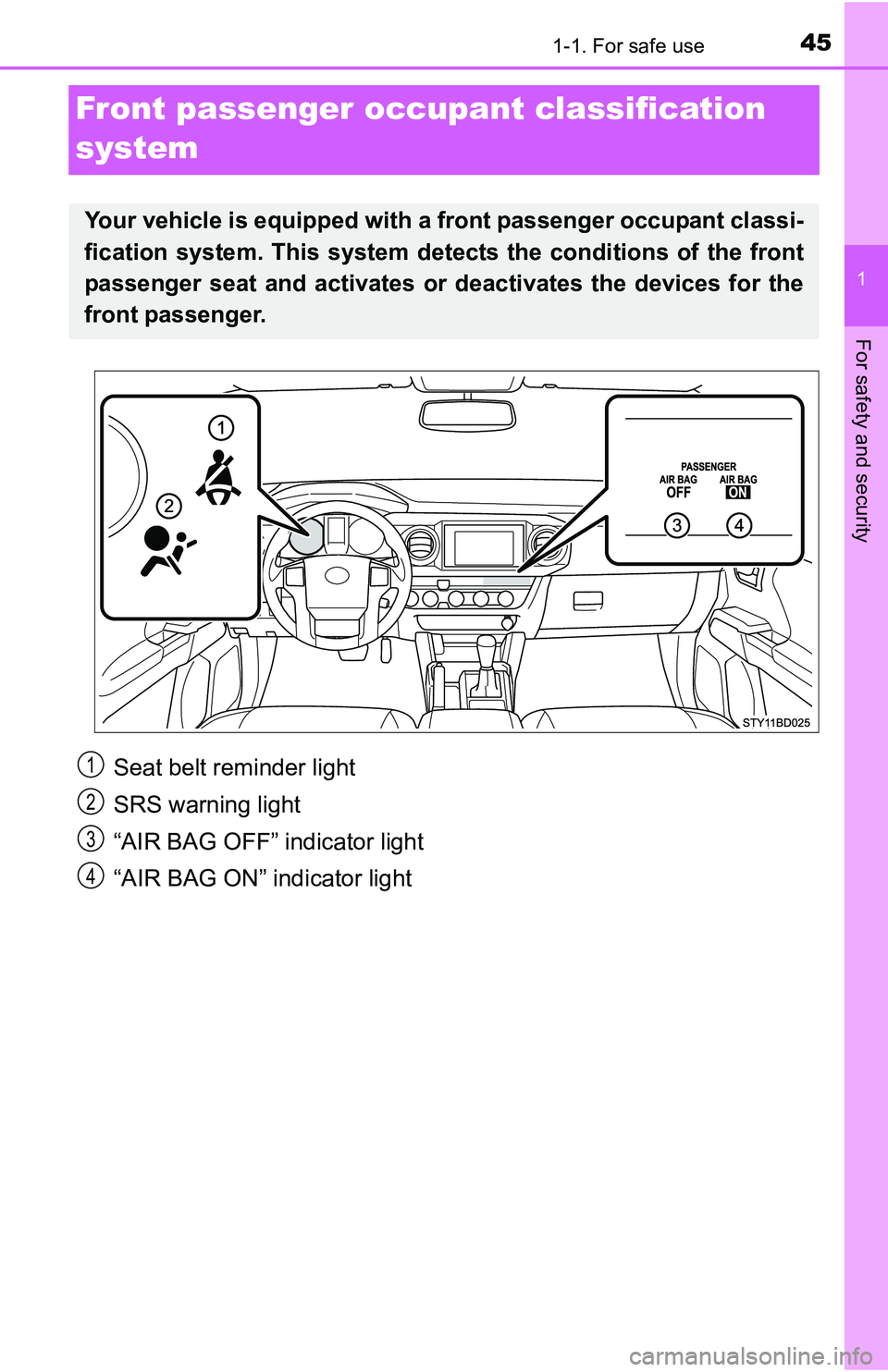 TOYOTA TACOMA 2016   (in English) Service Manual 451-1. For safe use
1
For safety and security
Front passenger occupant classification 
system
Your vehicle is equipped with a front passenger occupant classi-
fication system. This system detects the 