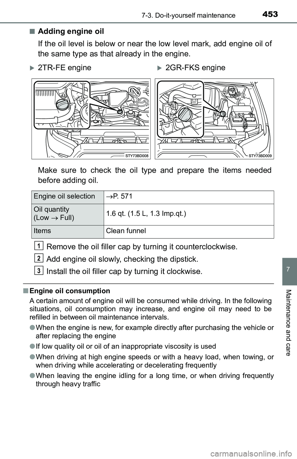 TOYOTA TACOMA 2016 Owners Manual (in English) 4537-3. Do-it-yourself maintenance
7
Maintenance and care
■Adding engine oil
If the oil level is below or near the low level mark, add engine oil of
the same type as that already in the engine.
Make TOYOTA TACOMA 2016 Owners Manual (in English) 4537-3. Do-it-yourself maintenance
7
Maintenance and care
■Adding engine oil
If the oil level is below or near the low level mark, add engine oil of
the same type as that already in the engine.
Make