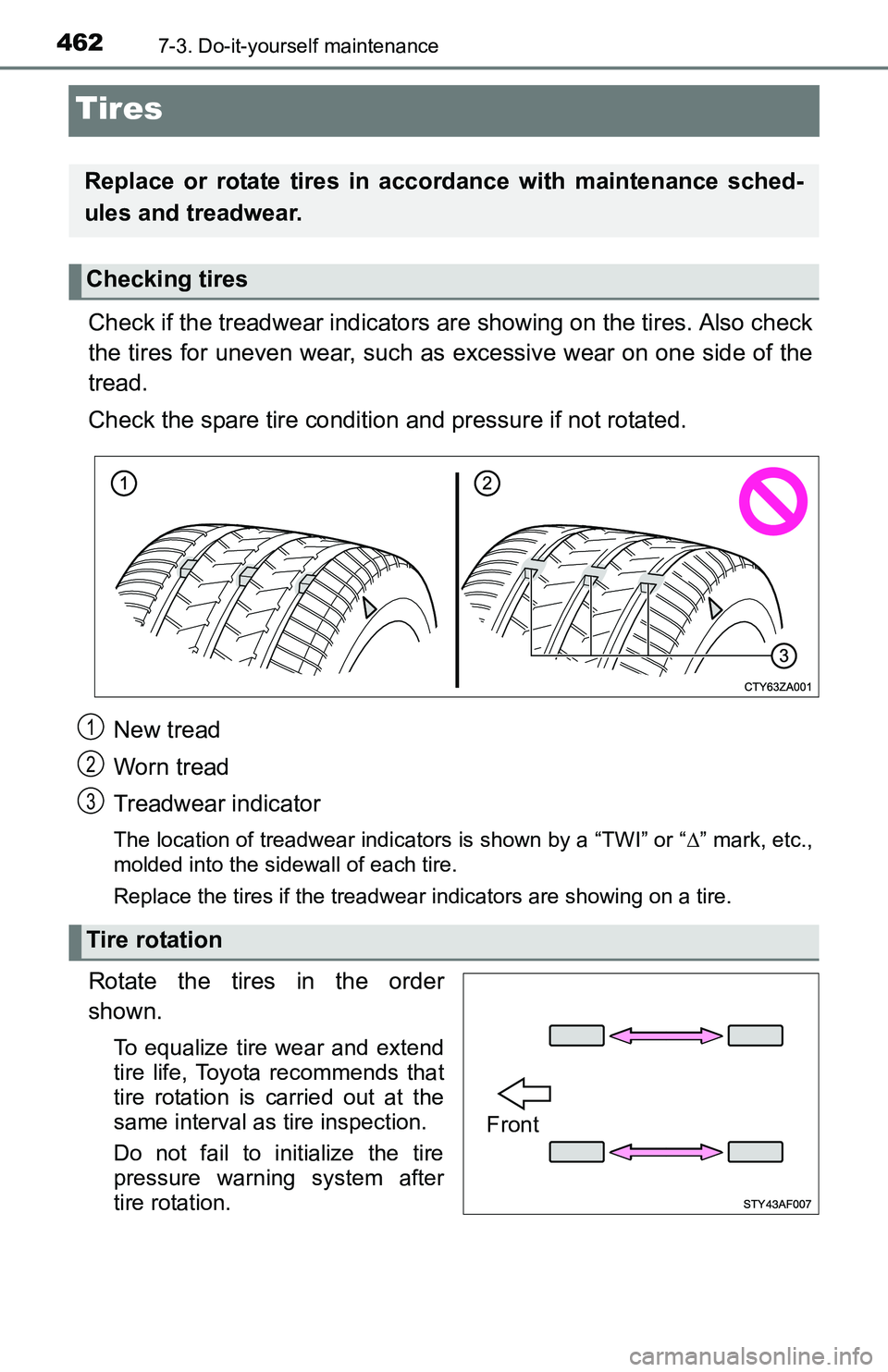 TOYOTA TACOMA 2016 Owners Manual (in English) 4627-3. Do-it-yourself maintenance
Tires
Check if the treadwear indicators are showing on the tires. Also check
the tires for uneven wear, such as excessive wear on one side of the
tread.
Check the sp TOYOTA TACOMA 2016 Owners Manual (in English) 4627-3. Do-it-yourself maintenance
Tires
Check if the treadwear indicators are showing on the tires. Also check
the tires for uneven wear, such as excessive wear on one side of the
tread.
Check the sp