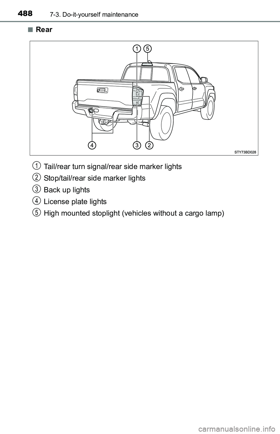 TOYOTA TACOMA 2016  Owners Manual (in English) 4887-3. Do-it-yourself maintenance
■Rear
Tail/rear turn signal/rear side marker lights
Stop/tail/rear side marker lights
Back up lights
License plate lights
High mounted stoplight (vehicles without 