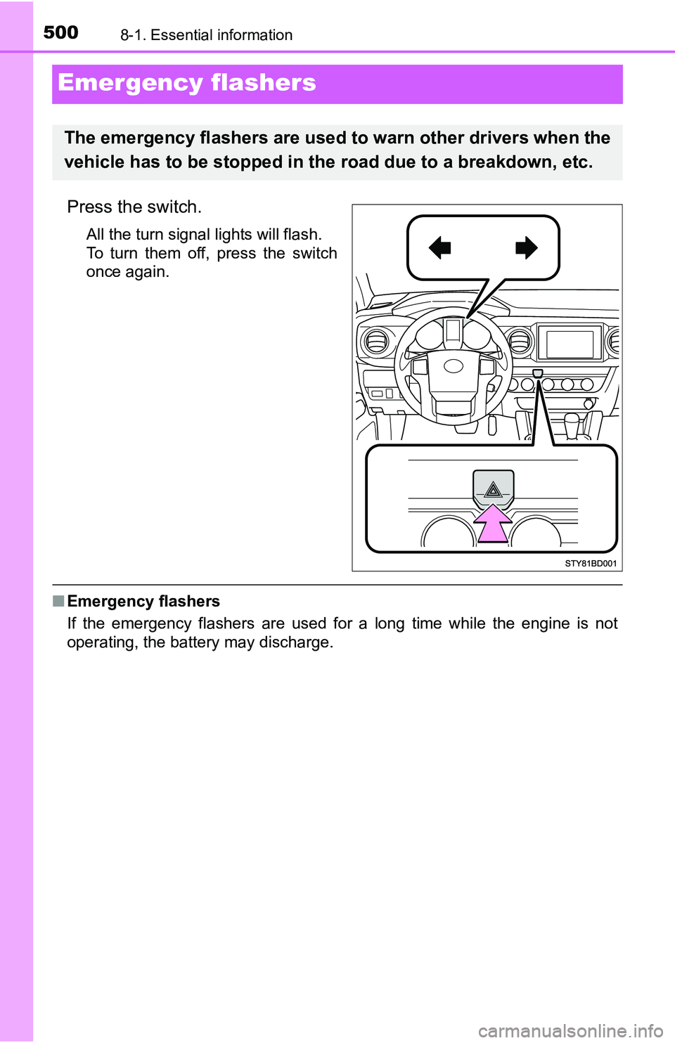 TOYOTA TACOMA 2016  Owners Manual (in English) 5008-1. Essential information
Emergency flashers
Press the switch.
All the turn signal lights will flash.
To turn them off, press the switch
once again.
■Emergency flashers
If the emergency flashers