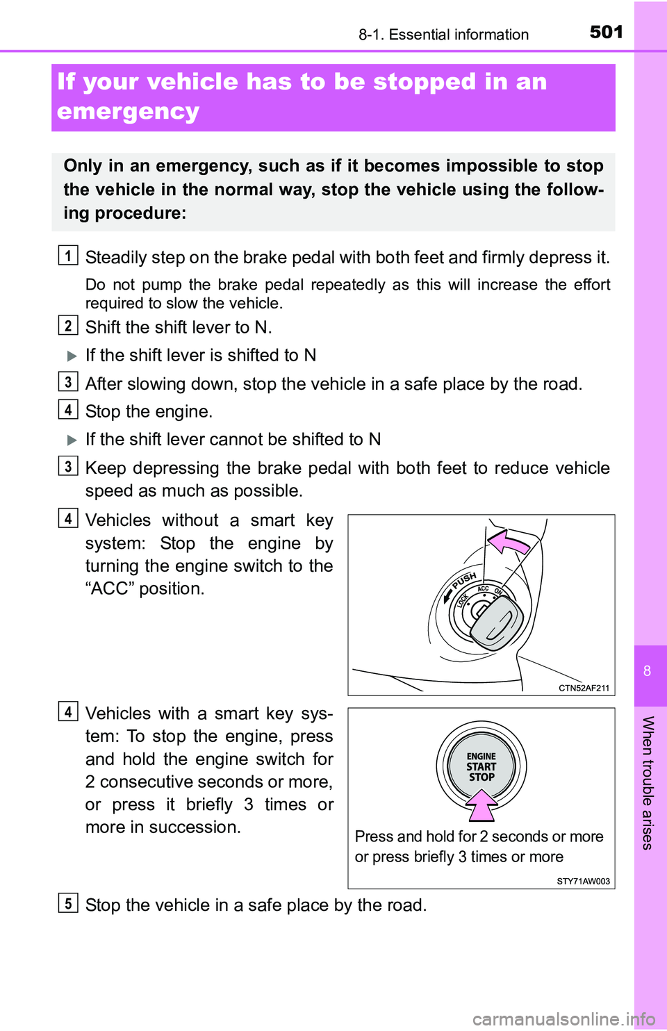TOYOTA TACOMA 2016  Owners Manual (in English) 501
8
When trouble arises
8-1. Essential information
If your vehicle has to be stopped in an 
emergency
Steadily step on the brake pedal with both feet and firmly depress it.
Do not pump the brake ped