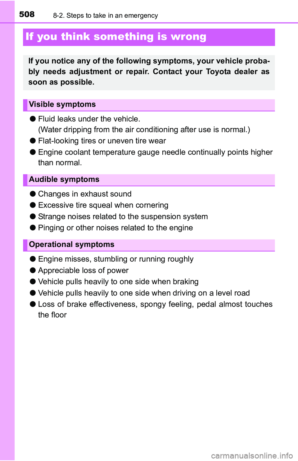 TOYOTA TACOMA 2016  Owners Manual (in English) 5088-2. Steps to take in an emergency
If you think something is wrong
●Fluid leaks under the vehicle.
(Water dripping from the air conditioning after use is normal.)
●Flat-looking tires or uneven 
