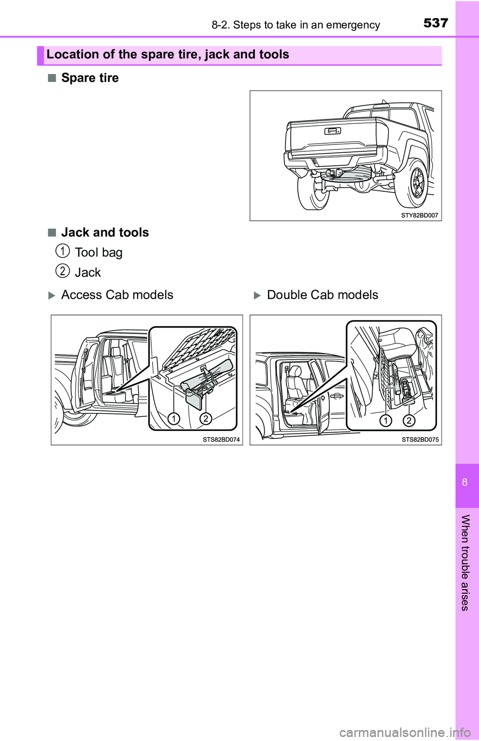 TOYOTA TACOMA 2016  Owners Manual (in English) 5378-2. Steps to take in an emergency
8
When trouble arises
■Spare tire
■Jack and tools
Tool bag
Jack
Location of the spare tire, jack and tools
1
2
Access Cab modelsDouble Cab models 