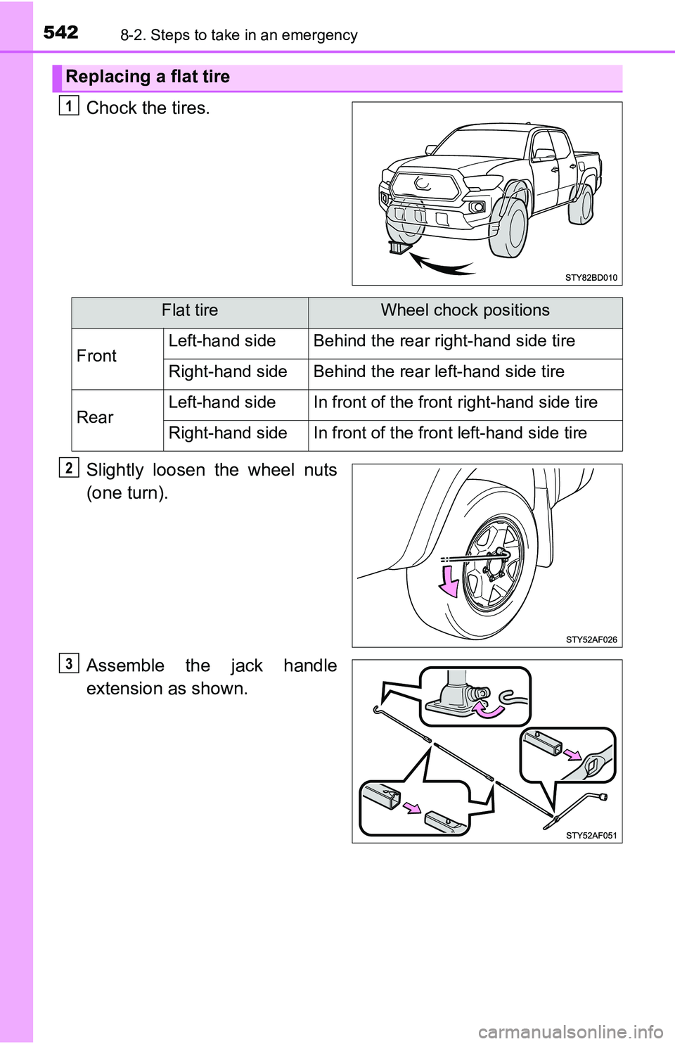 TOYOTA TACOMA 2016 Owners Manual (in English) 5428-2. Steps to take in an emergency
Chock the tires.
Slightly loosen the wheel nuts
(one turn).
Assemble the jack handle
extension as shown.
Replacing a flat tire
1
Flat tireWheel chock positions
Fr TOYOTA TACOMA 2016 Owners Manual (in English) 5428-2. Steps to take in an emergency
Chock the tires.
Slightly loosen the wheel nuts
(one turn).
Assemble the jack handle
extension as shown.
Replacing a flat tire
1
Flat tireWheel chock positions
Fr