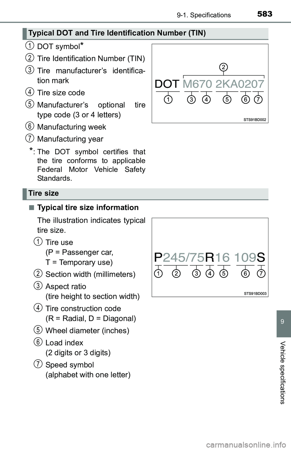 TOYOTA TACOMA 2016 Owners Manual (in English) 5839-1. Specifications
9
Vehicle specifications
DOT symbol*
Tire Identification Number (TIN)
Tire manufacturer’s identifica-
tion mark
Tire size code
Manufacturer’s optional tire
type code (3 or 4 TOYOTA TACOMA 2016 Owners Manual (in English) 5839-1. Specifications
9
Vehicle specifications
DOT symbol*
Tire Identification Number (TIN)
Tire manufacturer’s identifica-
tion mark
Tire size code
Manufacturer’s optional tire
type code (3 or 4