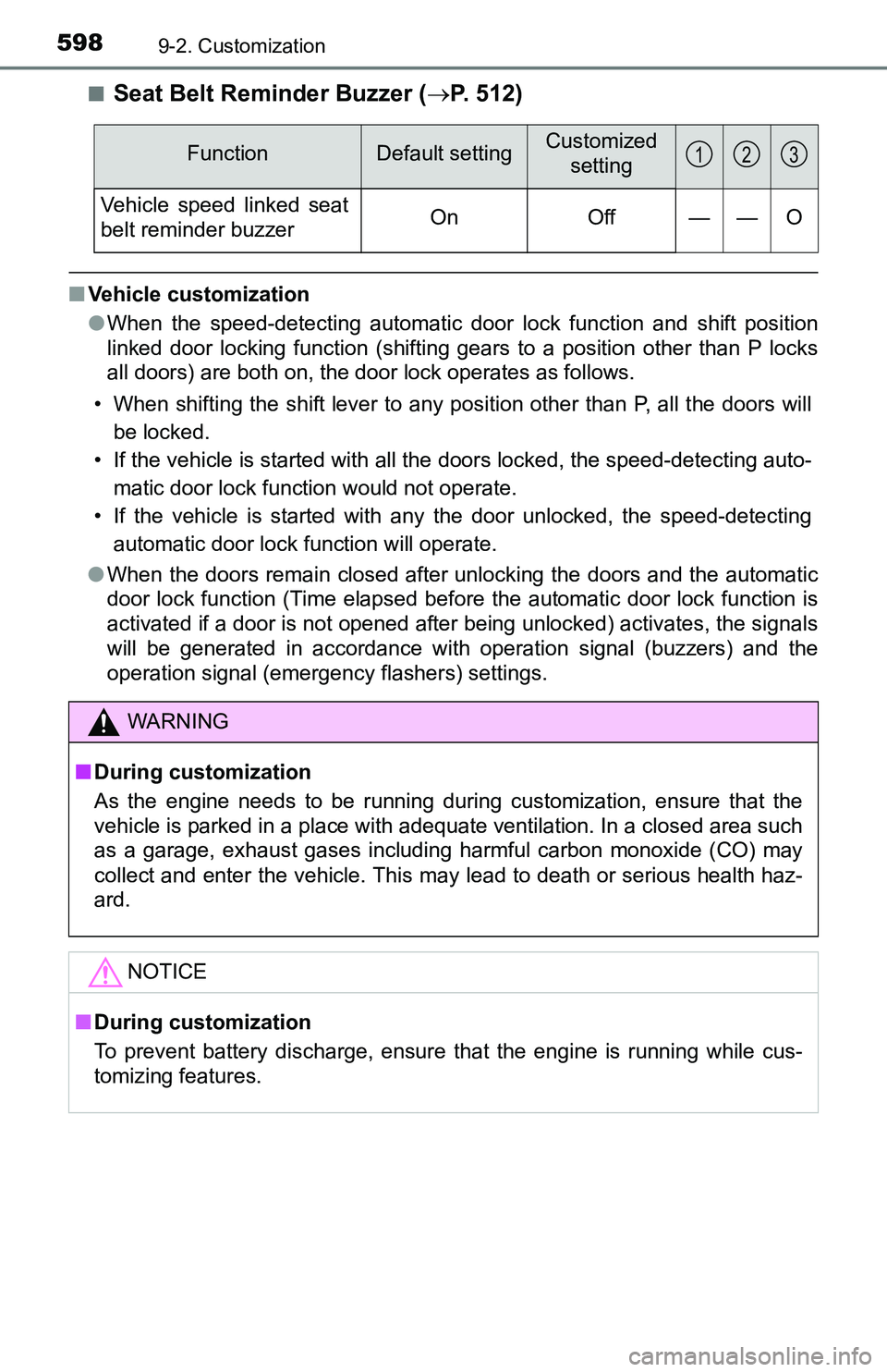 TOYOTA TACOMA 2016 Owners Manual (in English) 5989-2. Customization
■Seat Belt Reminder Buzzer (P. 512)
■Vehicle customization
●When the speed-detecting automatic door lock function and shift position
linked door locking function (shifti TOYOTA TACOMA 2016 Owners Manual (in English) 5989-2. Customization
■Seat Belt Reminder Buzzer (P. 512)
■Vehicle customization
●When the speed-detecting automatic door lock function and shift position
linked door locking function (shifti