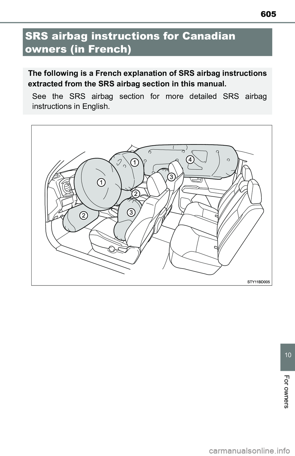 TOYOTA TACOMA 2016 Owners Manual (in English) 605
10
For owners
SRS airbag instructions for Canadian
owners (in French)
The following is a French explanation of SRS airbag instructions
extracted from the SRS airbag section in this manual.
See th TOYOTA TACOMA 2016 Owners Manual (in English) 605
10
For owners
SRS airbag instructions for Canadian
owners (in French)
The following is a French explanation of SRS airbag instructions
extracted from the SRS airbag section in this manual.
See th