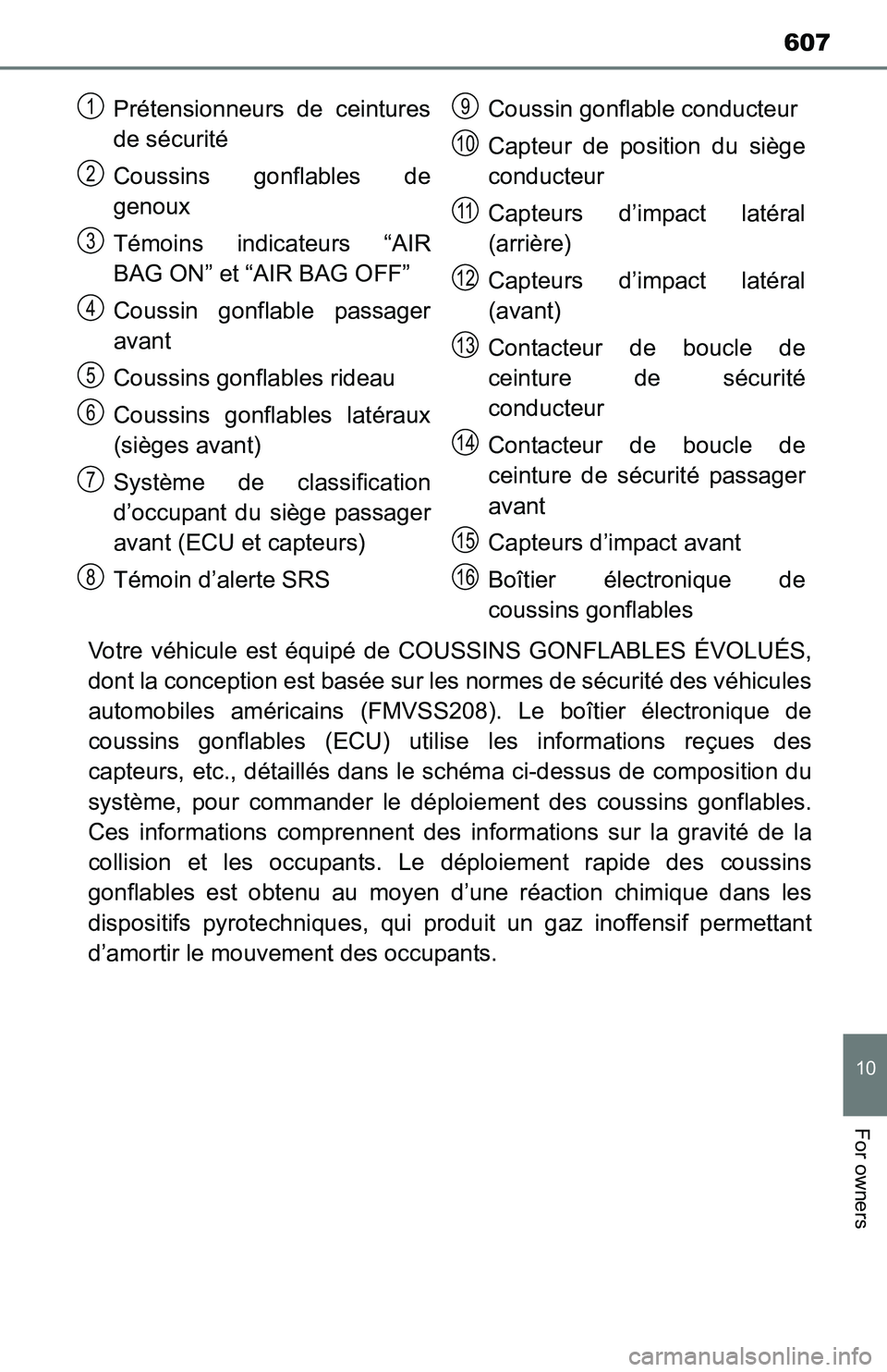 TOYOTA TACOMA 2016 Owners Manual (in English) 607
10
For owners
Votre véhicule est équipé de COUSSINS GONFLABLES ÉVOLUÉS,
dont la conception est basée sur les normes de sécurité des véhicules
automobiles américains (FMVSS208). Le boîti TOYOTA TACOMA 2016 Owners Manual (in English) 607
10
For owners
Votre véhicule est équipé de COUSSINS GONFLABLES ÉVOLUÉS,
dont la conception est basée sur les normes de sécurité des véhicules
automobiles américains (FMVSS208). Le boîti