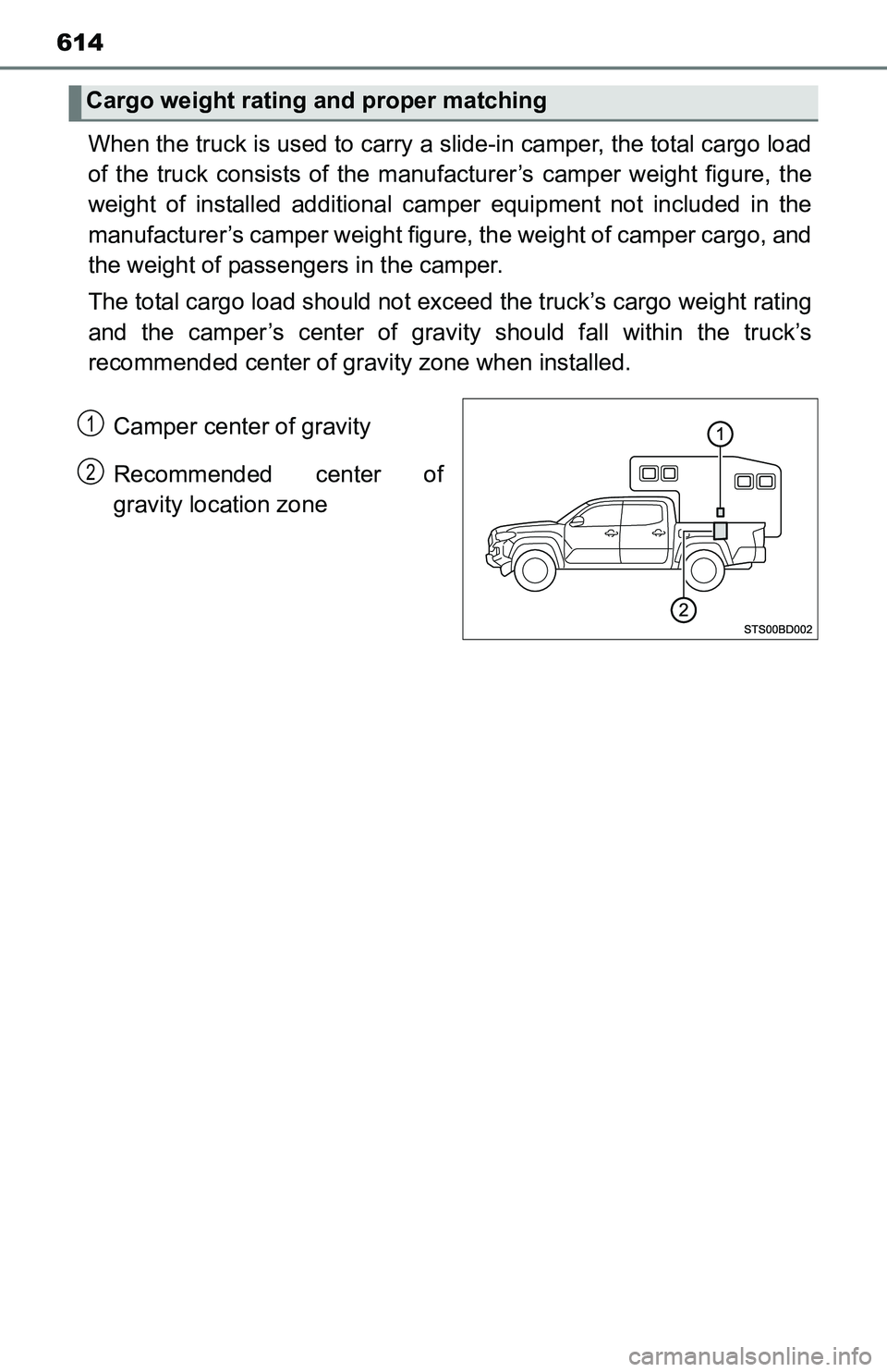 TOYOTA TACOMA 2016 Owners Manual (in English) 614
When the truck is used to carry a slide-in camper, the total cargo load
of the truck consists of the manufacturer’s camper weight figure, the
weight of installed additional camper equipment not TOYOTA TACOMA 2016 Owners Manual (in English) 614
When the truck is used to carry a slide-in camper, the total cargo load
of the truck consists of the manufacturer’s camper weight figure, the
weight of installed additional camper equipment not