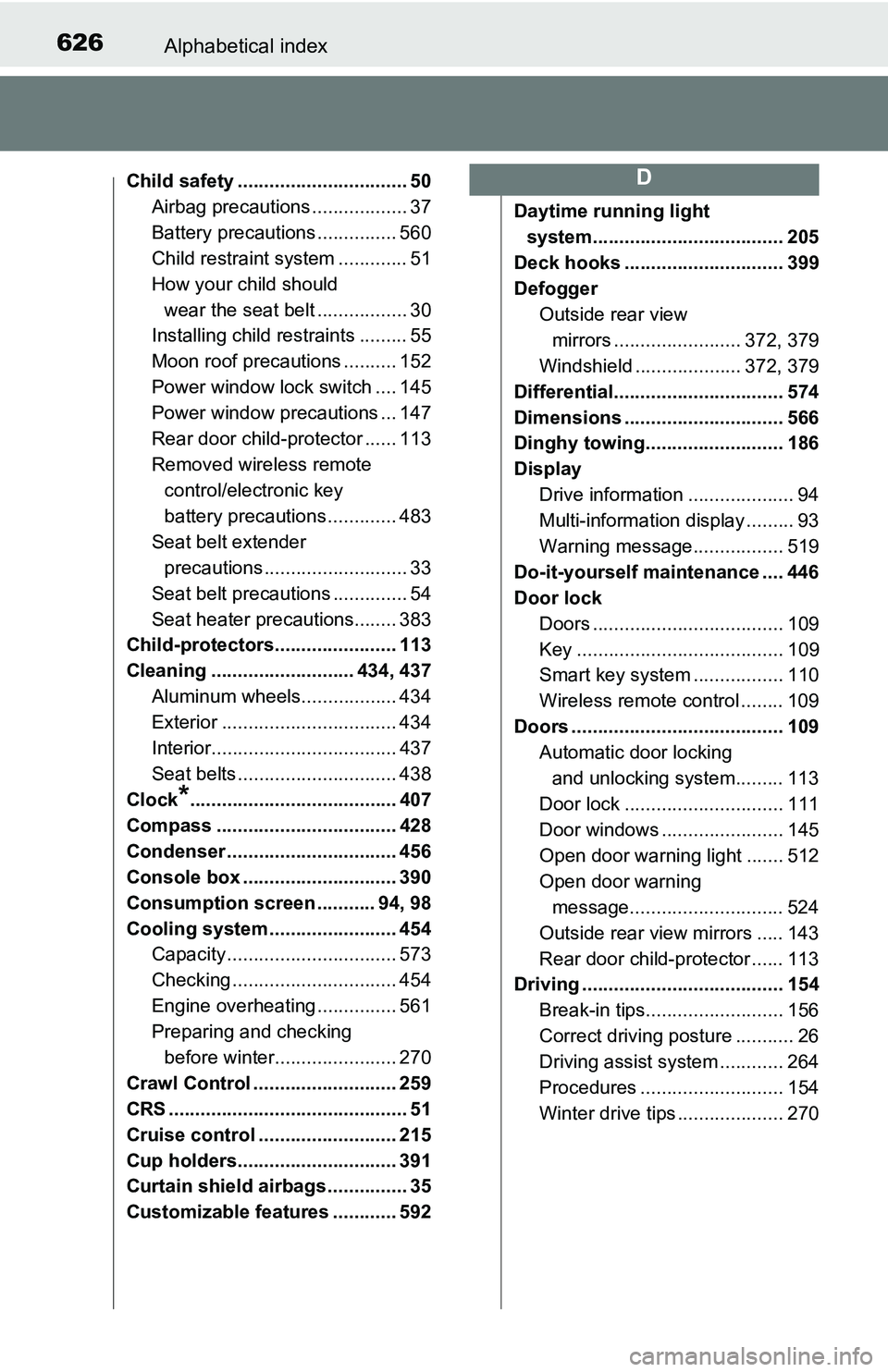 TOYOTA TACOMA 2016 Owners Manual (in English) 626Alphabetical index
Child safety ................................ 50
Airbag precautions .................. 37
Battery precautions ............... 560
Child restraint system ............. 51
How your TOYOTA TACOMA 2016 Owners Manual (in English) 626Alphabetical index
Child safety ................................ 50
Airbag precautions .................. 37
Battery precautions ............... 560
Child restraint system ............. 51
How your