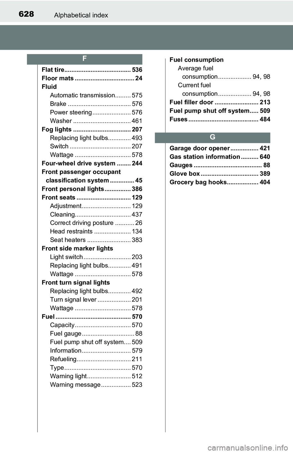 TOYOTA TACOMA 2016 Owners Manual (in English) 628Alphabetical index
Flat tire...................................... 536
Floor mats .................................. 24
Fluid
Automatic transmission......... 575
Brake ............................. TOYOTA TACOMA 2016 Owners Manual (in English) 628Alphabetical index
Flat tire...................................... 536
Floor mats .................................. 24
Fluid
Automatic transmission......... 575
Brake .............................