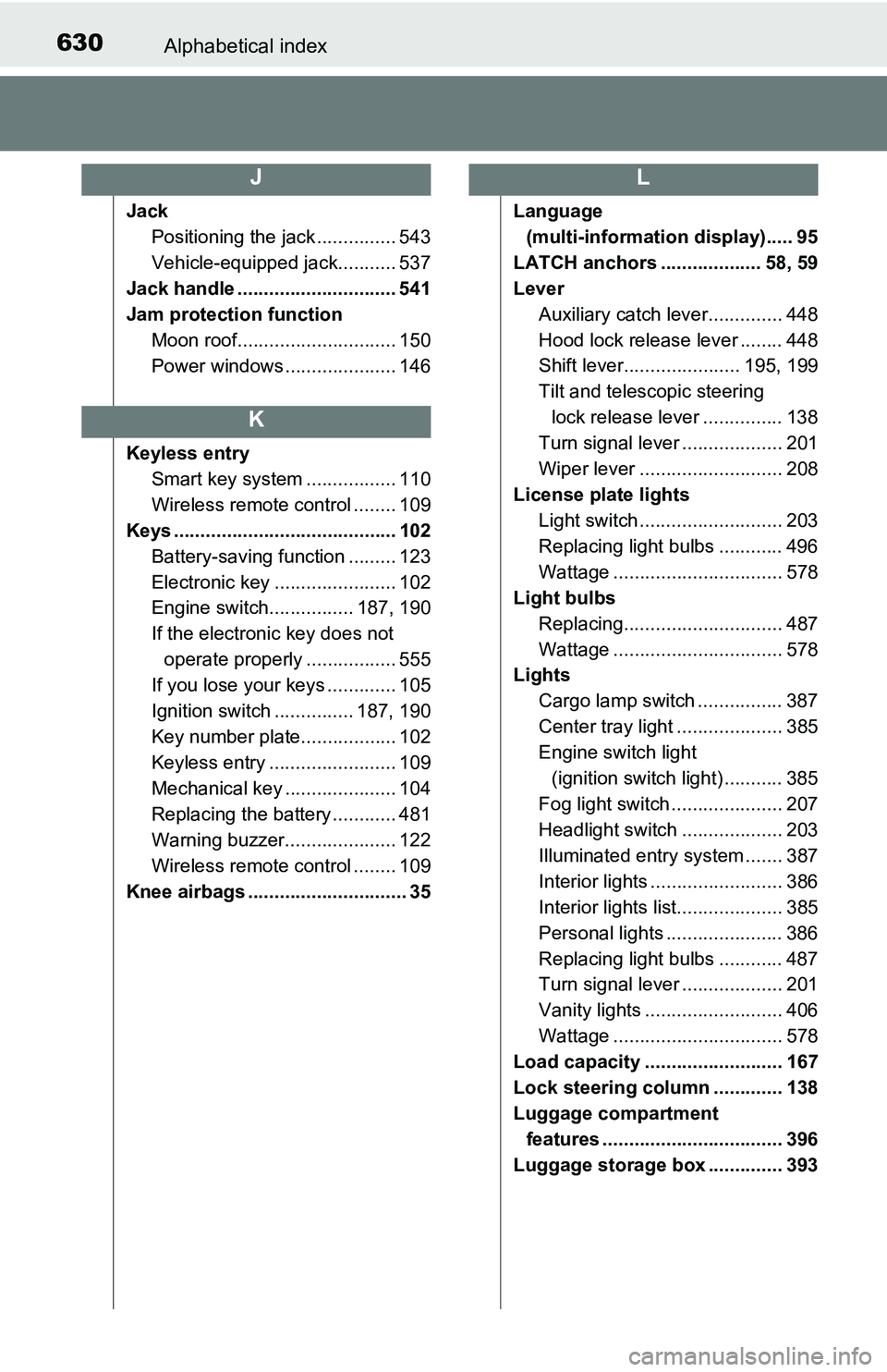 TOYOTA TACOMA 2016 Owners Manual (in English) 630Alphabetical index
Jack
Positioning the jack ............... 543
Vehicle-equipped jack........... 537
Jack handle .............................. 541
Jam protection function
Moon roof............... TOYOTA TACOMA 2016 Owners Manual (in English) 630Alphabetical index
Jack
Positioning the jack ............... 543
Vehicle-equipped jack........... 537
Jack handle .............................. 541
Jam protection function
Moon roof...............
