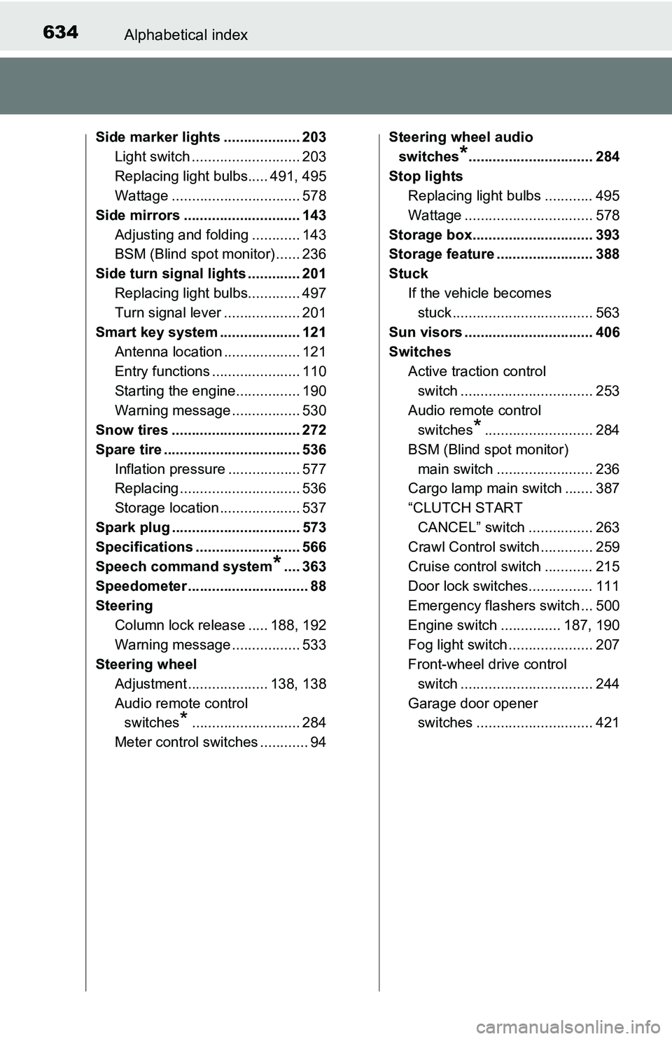 TOYOTA TACOMA 2016 Owners Manual (in English) 634Alphabetical index
Side marker lights ................... 203
Light switch ........................... 203
Replacing light bulbs..... 491, 495
Wattage ................................ 578
Side mirr TOYOTA TACOMA 2016 Owners Manual (in English) 634Alphabetical index
Side marker lights ................... 203
Light switch ........................... 203
Replacing light bulbs..... 491, 495
Wattage ................................ 578
Side mirr