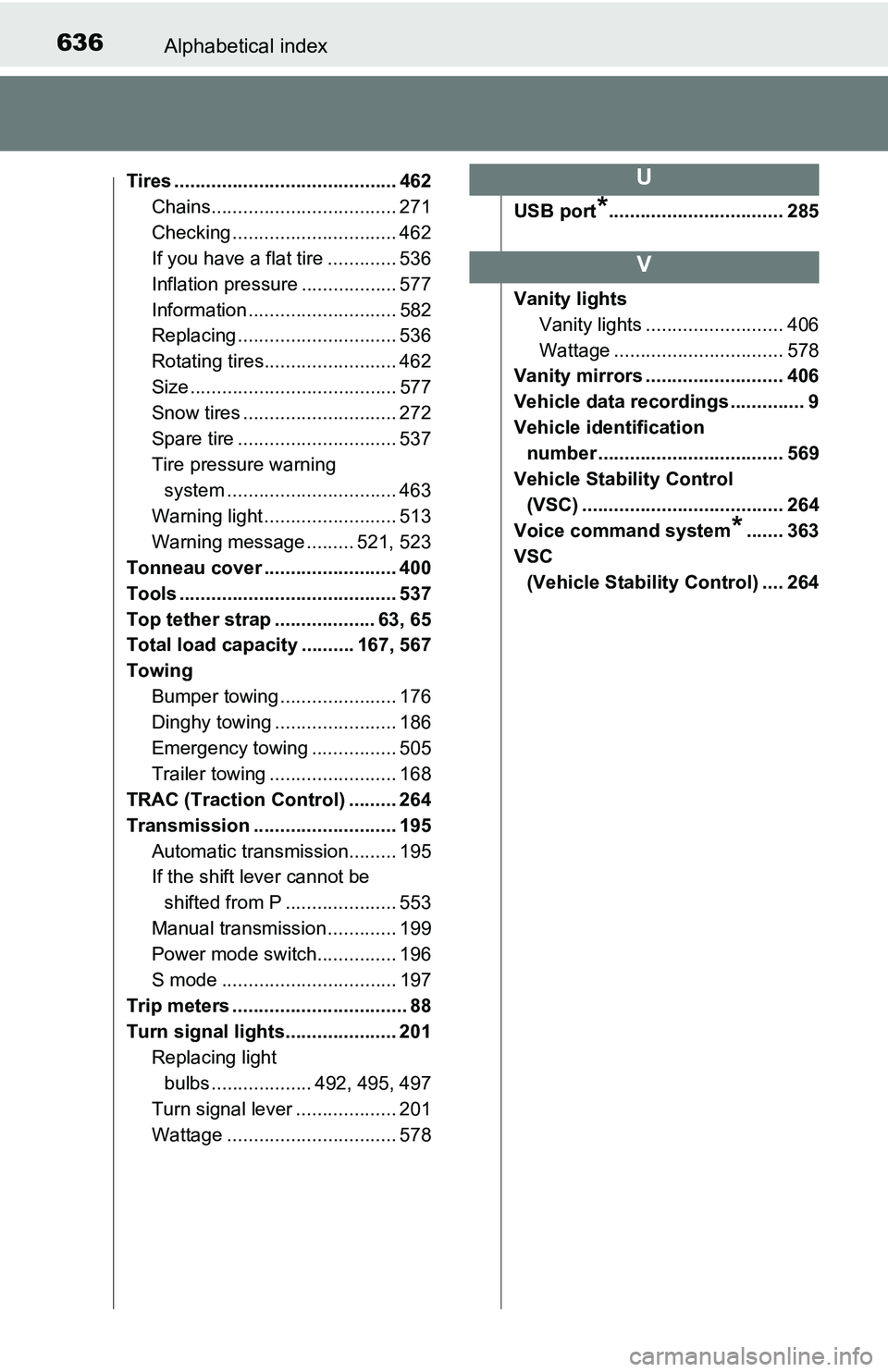 TOYOTA TACOMA 2016 Owners Manual (in English) 636Alphabetical index
Tires .......................................... 462
Chains................................... 271
Checking ............................... 462
If you have a flat tire .......... TOYOTA TACOMA 2016 Owners Manual (in English) 636Alphabetical index
Tires .......................................... 462
Chains................................... 271
Checking ............................... 462
If you have a flat tire ..........