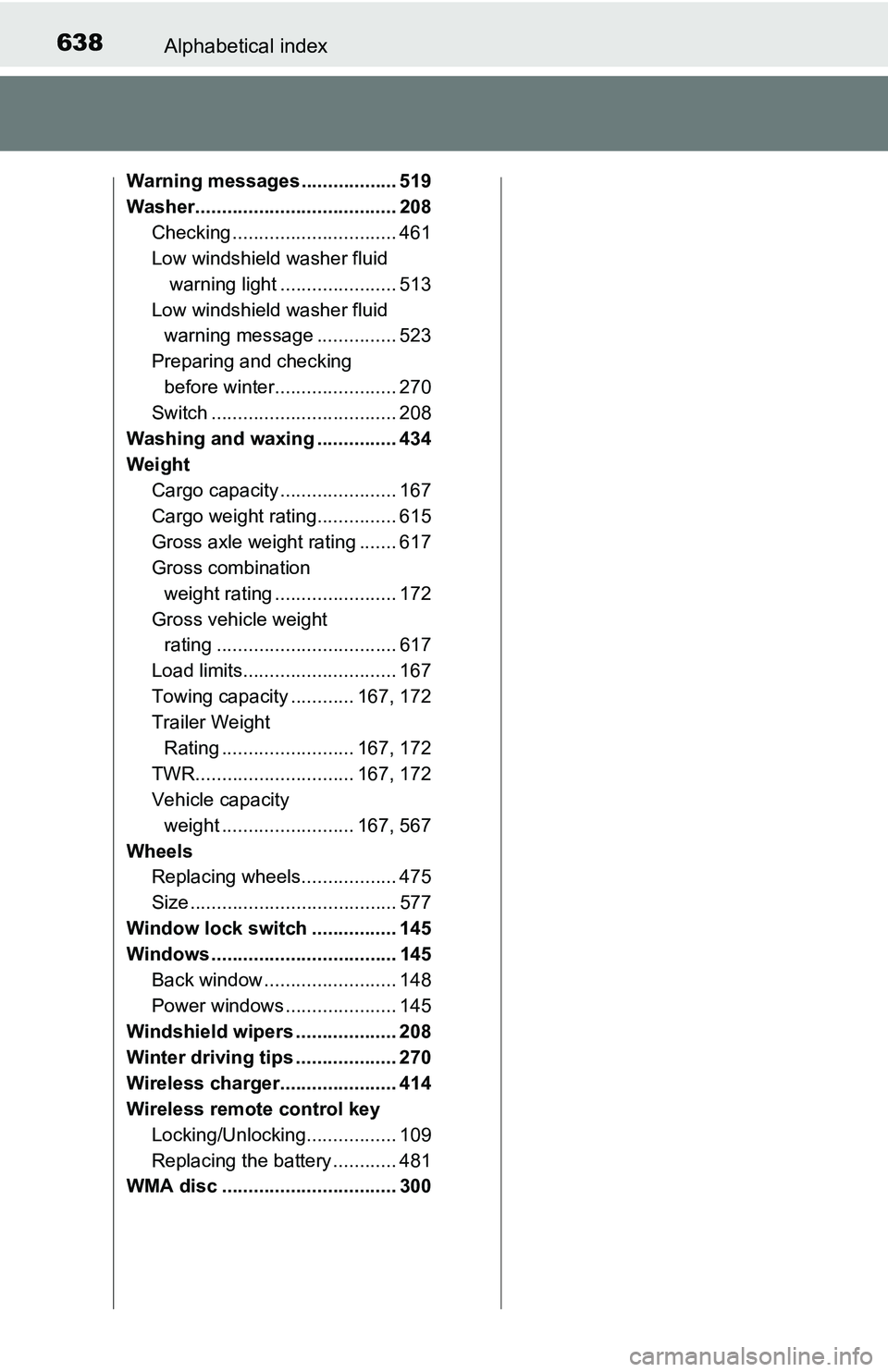 TOYOTA TACOMA 2016 Owners Manual (in English) 638Alphabetical index
Warning messages .................. 519
Washer...................................... 208
Checking ............................... 461
Low windshield washer fluid
warning light . TOYOTA TACOMA 2016 Owners Manual (in English) 638Alphabetical index
Warning messages .................. 519
Washer...................................... 208
Checking ............................... 461
Low windshield washer fluid
warning light .