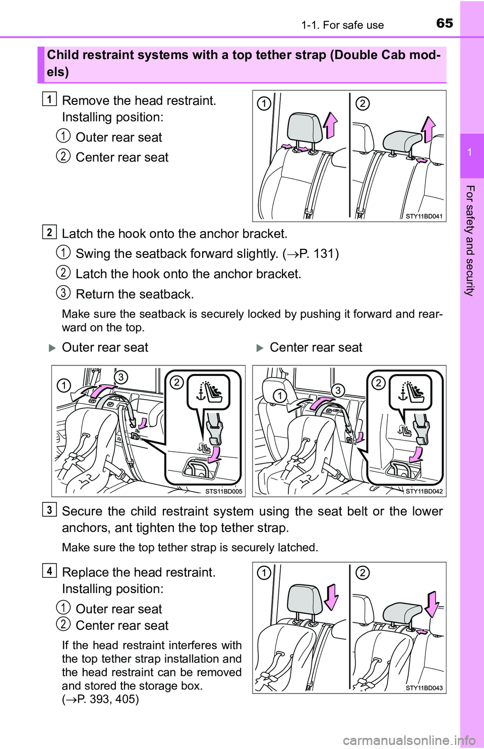 TOYOTA TACOMA 2016 (in English) Repair Manual 651-1. For safe use
1
For safety and security
Remove the head restraint.
Installing position:
Outer rear seat
Center rear seat
Latch the hook onto the anchor bracket.
Swing the seatback forward sligh TOYOTA TACOMA 2016 (in English) Repair Manual 651-1. For safe use
1
For safety and security
Remove the head restraint.
Installing position:
Outer rear seat
Center rear seat
Latch the hook onto the anchor bracket.
Swing the seatback forward sligh