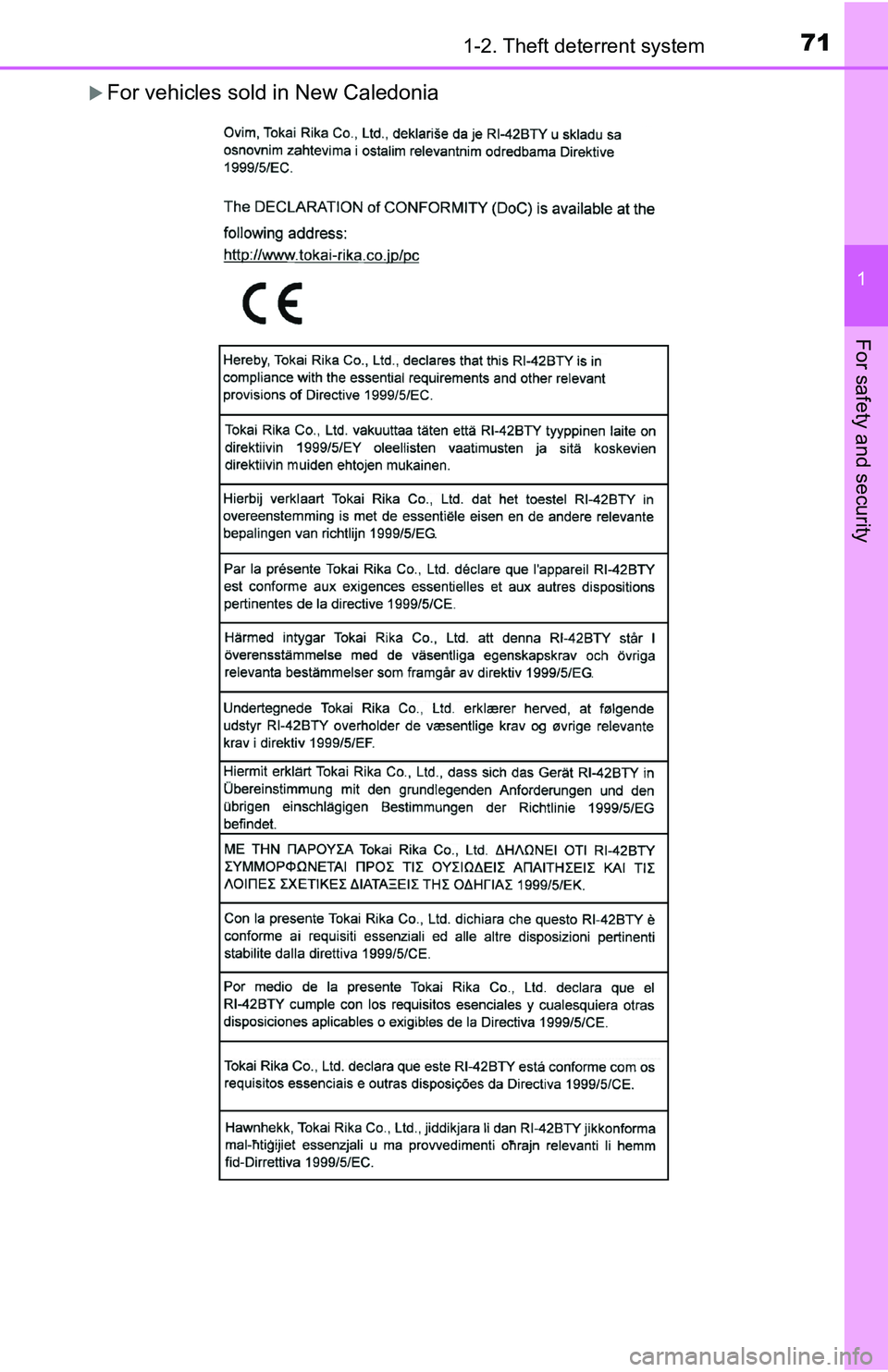 TOYOTA TACOMA 2016   (in English) Manual PDF 711-2. Theft deterrent system
1
For safety and security
For vehicles sold in New Caledonia 