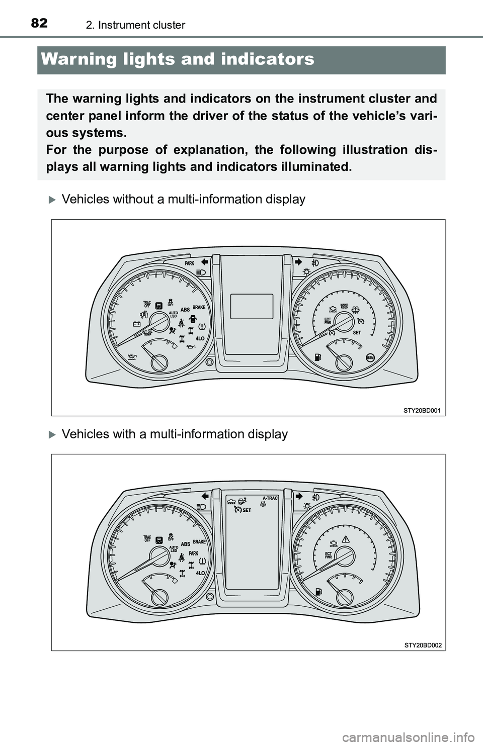 TOYOTA TACOMA 2016 (in English) Manual Online 822. Instrument cluster
Warning lights and indicators
Vehicles without a multi-information display
Vehicles with a multi-information display
The warning lights and indicators on the instrument c TOYOTA TACOMA 2016 (in English) Manual Online 822. Instrument cluster
Warning lights and indicators
Vehicles without a multi-information display
Vehicles with a multi-information display
The warning lights and indicators on the instrument c