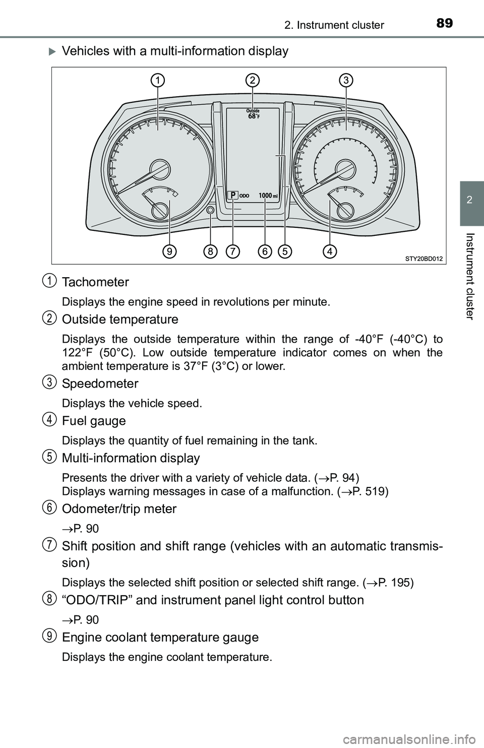 TOYOTA TACOMA 2016 (in English) Manual Online 892. Instrument cluster
2
Instrument cluster
Vehicles with a multi-information display
Tachometer
Displays the engine speed in revolutions per minute.
Outside temperature
Displays the outside tempe TOYOTA TACOMA 2016 (in English) Manual Online 892. Instrument cluster
2
Instrument cluster
Vehicles with a multi-information display
Tachometer
Displays the engine speed in revolutions per minute.
Outside temperature
Displays the outside tempe