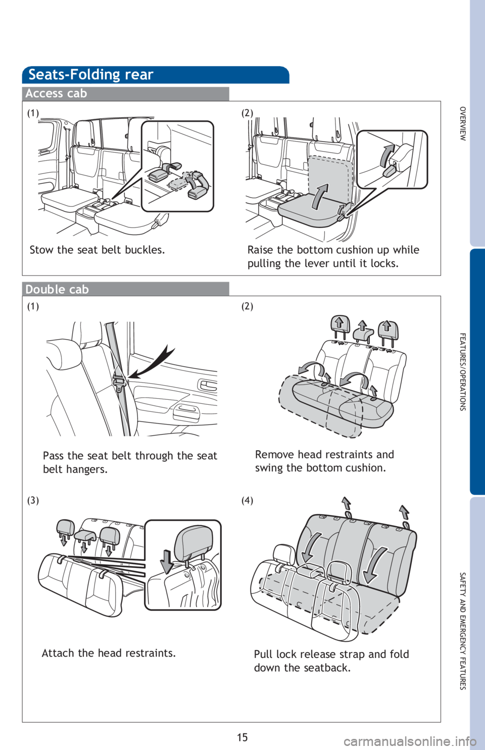 TOYOTA TACOMA 2016  Owners Manual (in English) OVERVIEW
FEATURES/OPERATIONS
SAFETY AND EMERGENCY FEATURES
15Pull lock release strap and fold 
down the seatback.
Seats-Folding rear
Access cab
Double cab
Stow the seat belt buckles.
Pass the seat bel