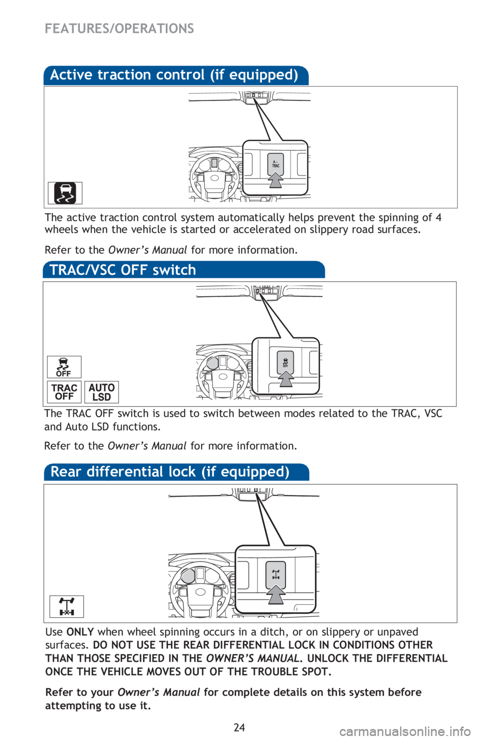 TOYOTA TACOMA 2016 (in English) Owners Manual 24
FEATURES/OPERATIONS
Active traction control (if equipped)
The active traction control system automatically helps prevent the spinning of 4
wheels when the vehicle is started or accelerated on slip TOYOTA TACOMA 2016 (in English) Owners Manual 24
FEATURES/OPERATIONS
Active traction control (if equipped)
The active traction control system automatically helps prevent the spinning of 4
wheels when the vehicle is started or accelerated on slip