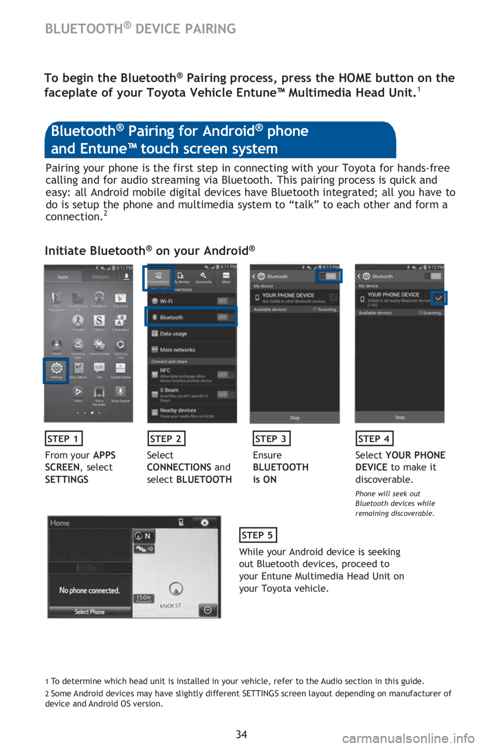 TOYOTA TACOMA 2016 (in English) Owners Guide 34
BLUETOOTH® DEVICE PAIRING
Pairing your phone is the first step in connecting with your Toyota for hands-free
calling and for audio streaming via Bluetooth. This pairing process is quick and
easy TOYOTA TACOMA 2016 (in English) Owners Guide 34
BLUETOOTH® DEVICE PAIRING
Pairing your phone is the first step in connecting with your Toyota for hands-free
calling and for audio streaming via Bluetooth. This pairing process is quick and
easy