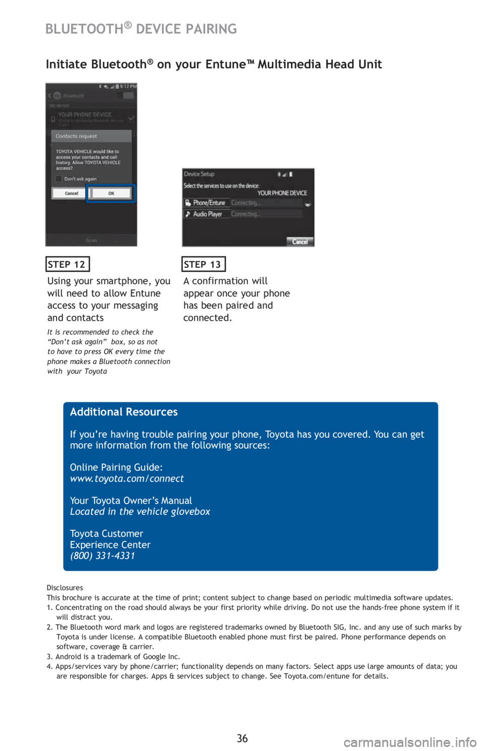 TOYOTA TACOMA 2016 (in English) Owners Guide 36
BLUETOOTH® DEVICE PAIRING
STEP 12
Initiate Bluetooth® on your Entune™ Multimedia Head Unit
A confirmation will
appear once your phone
has been paired and
connected.
STEP 13
Additional Resou TOYOTA TACOMA 2016 (in English) Owners Guide 36
BLUETOOTH® DEVICE PAIRING
STEP 12
Initiate Bluetooth® on your Entune™ Multimedia Head Unit
A confirmation will
appear once your phone
has been paired and
connected.
STEP 13
Additional Resou