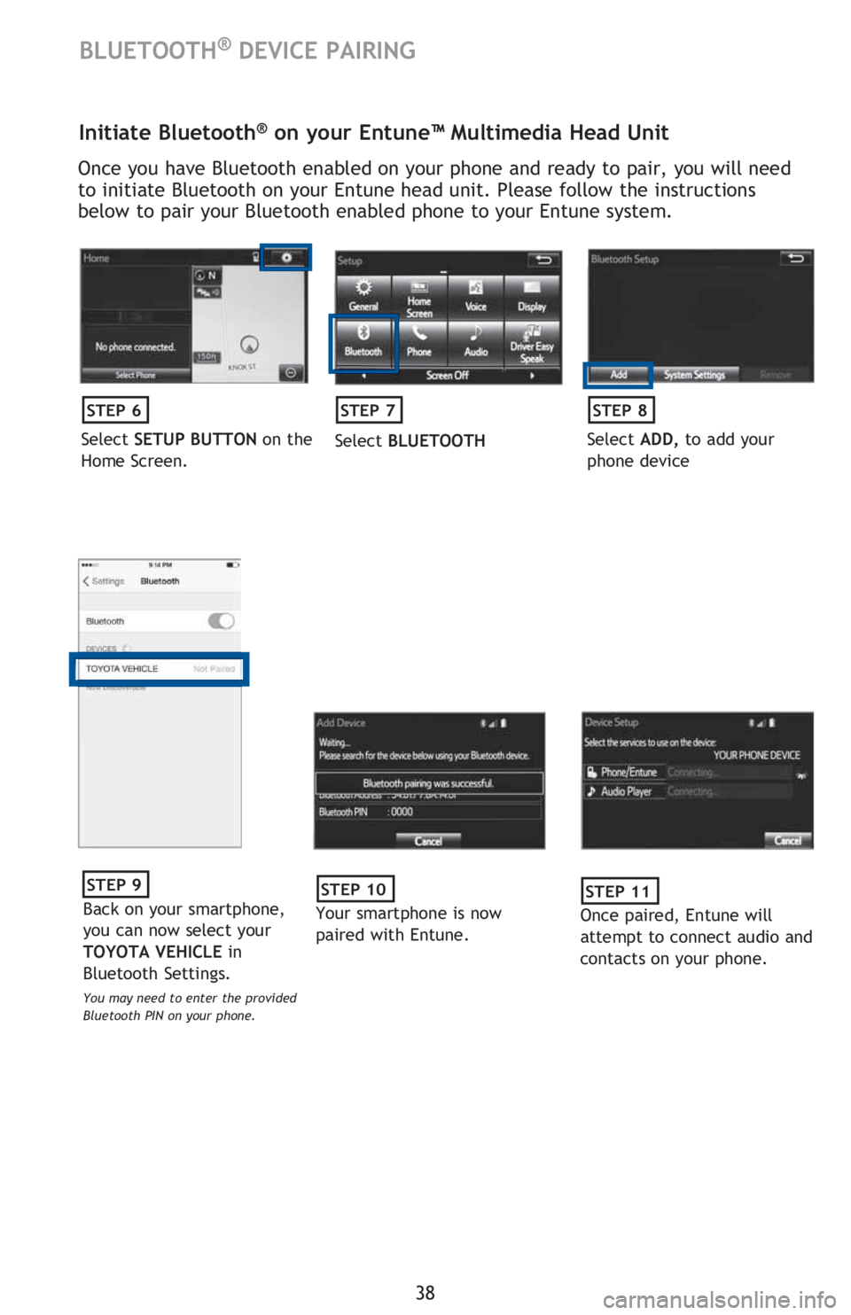 TOYOTA TACOMA 2016 (in English) Owners Guide 38
BLUETOOTH® DEVICE PAIRING
Initiate Bluetooth® on your Entune™ Multimedia Head Unit
Once you have Bluetooth enabled on your phone and ready to pair, you will need
to initiate Bluetooth on your TOYOTA TACOMA 2016 (in English) Owners Guide 38
BLUETOOTH® DEVICE PAIRING
Initiate Bluetooth® on your Entune™ Multimedia Head Unit
Once you have Bluetooth enabled on your phone and ready to pair, you will need
to initiate Bluetooth on your