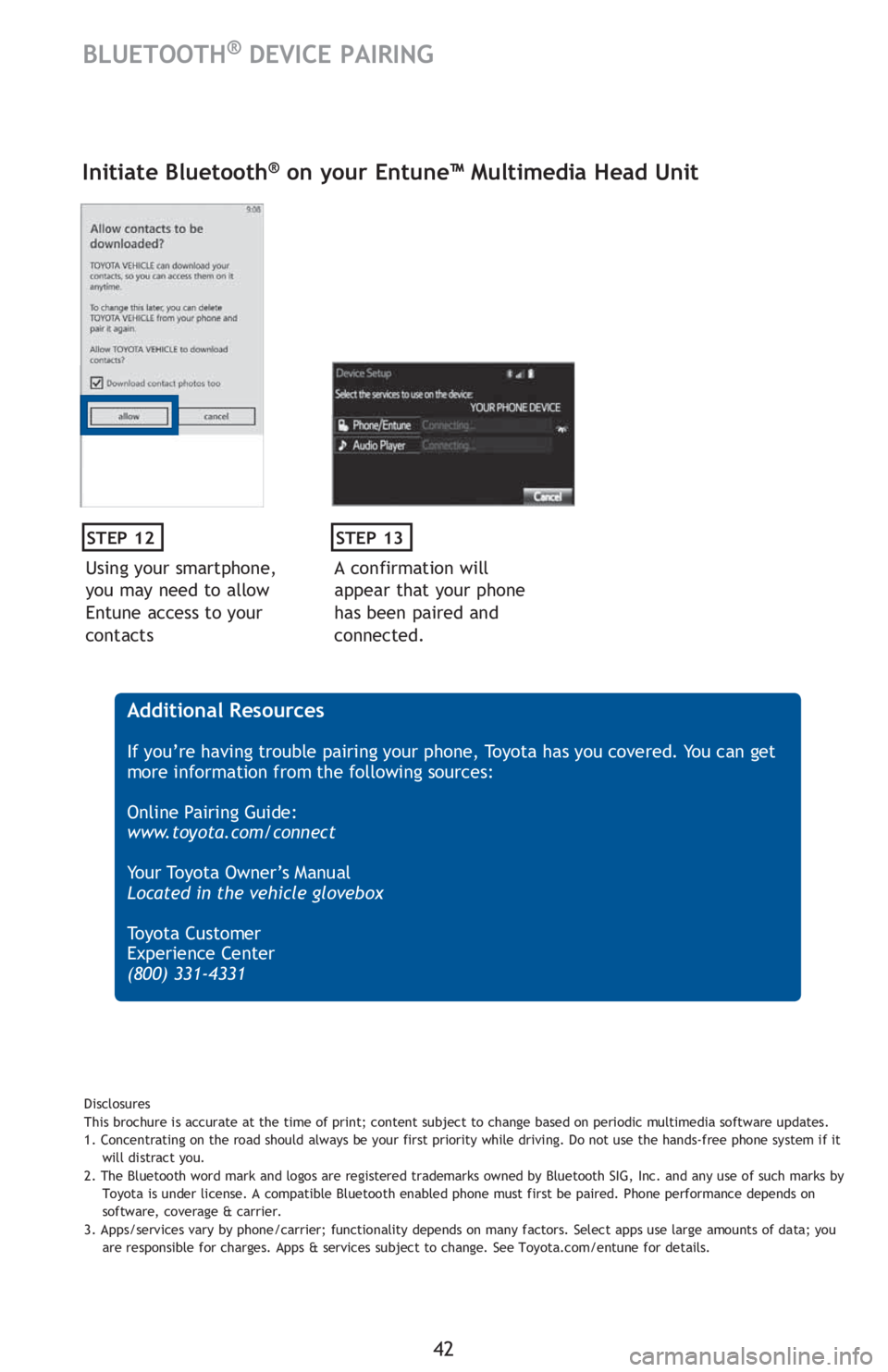 TOYOTA TACOMA 2016   (in English) Service Manual 42
BLUETOOTH® DEVICE PAIRING
Using your smartphone, 
you may need to allow 
Entune access to your 
contacts
STEP 12
Initiate Bluetooth® on your Entune™ Multimedia Head Unit
A confirmation will 
ap