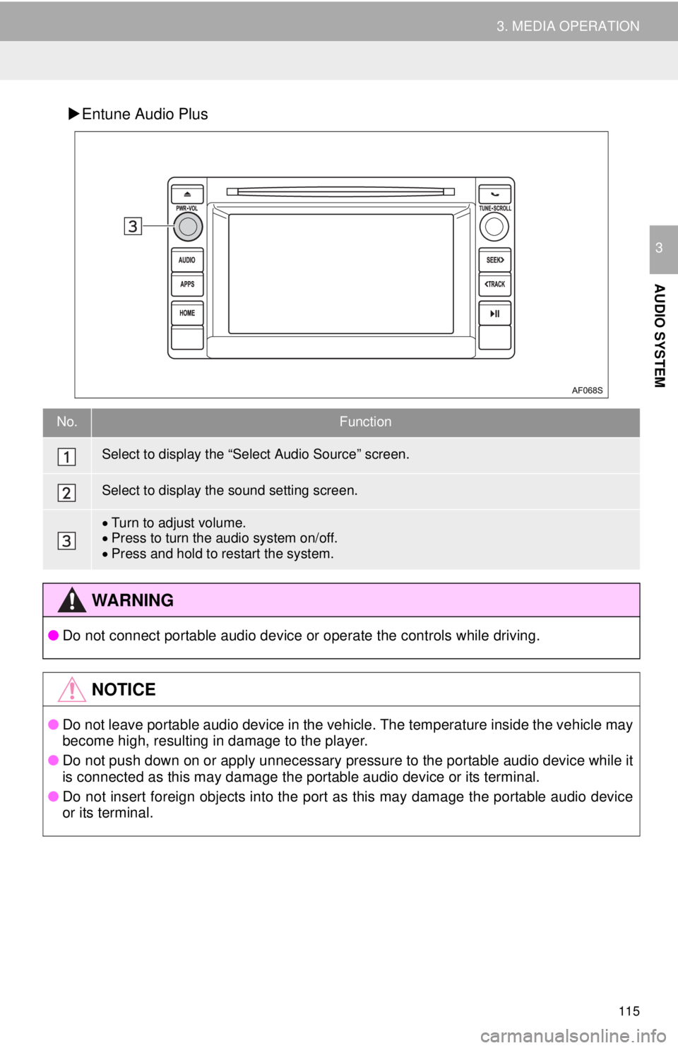 TOYOTA TACOMA 2016 Accessories, Audio & Navigation (in English) 115
3. MEDIA OPERATION
AUDIO SYSTEM
3
Entune Audio Plus
No.Function
Select to display the “Select Audio Source” screen.
Select to display the sound setting screen.
Turn to adjust volume.
TOYOTA TACOMA 2016 Accessories, Audio & Navigation (in English) 115
3. MEDIA OPERATION
AUDIO SYSTEM
3
Entune Audio Plus
No.Function
Select to display the “Select Audio Source” screen.
Select to display the sound setting screen.
Turn to adjust volume.
