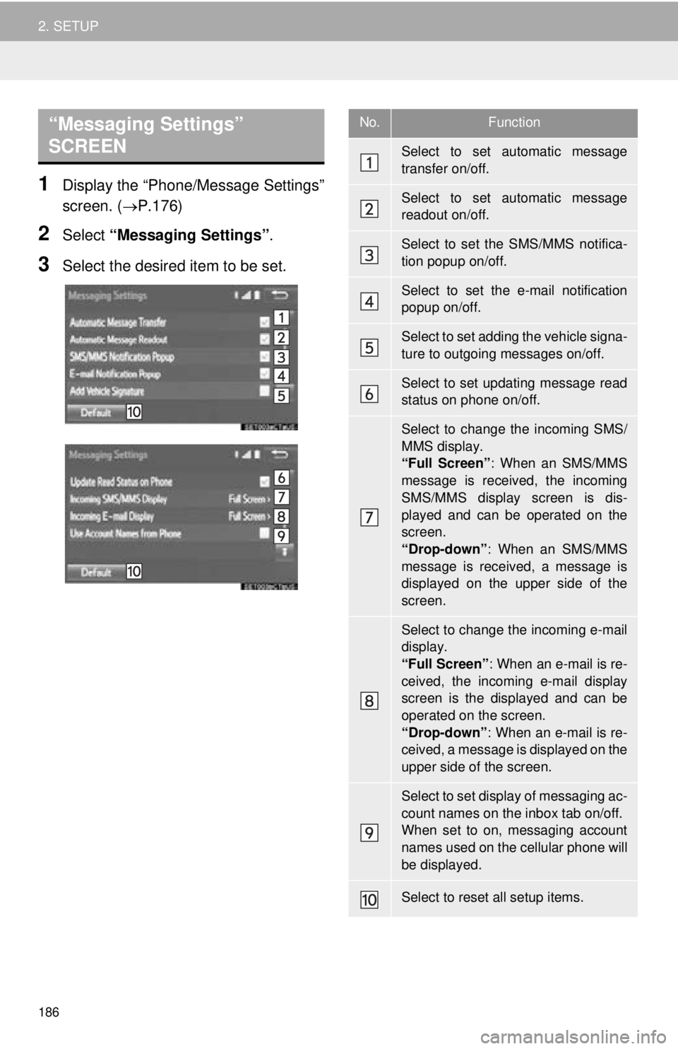 TOYOTA TACOMA 2016 Accessories, Audio & Navigation (in English) 186
2. SETUP
1Display the “Phone/Message Settings”
screen. (P.176)
2Select “Messaging Settings” .
3Select the desired item to be set.
“Messaging Settings”
SCREEN No.Function
Select to TOYOTA TACOMA 2016 Accessories, Audio & Navigation (in English) 186
2. SETUP
1Display the “Phone/Message Settings”
screen. (P.176)
2Select “Messaging Settings” .
3Select the desired item to be set.
“Messaging Settings”
SCREEN No.Function
Select to