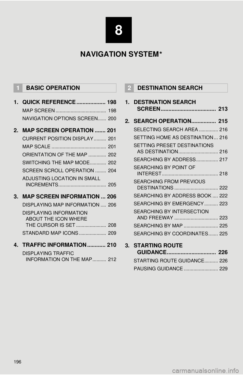 TOYOTA TACOMA 2016 Accessories, Audio & Navigation (in English) 196
1. QUICK REFERENCE ................... 198
MAP SCREEN ..................................... 198
NAVIGATION OPTIONS SCREEN...... 200
2. MAP SCREEN OPERATION ....... 201
CURRENT POSITION DISPLAY . TOYOTA TACOMA 2016 Accessories, Audio & Navigation (in English) 196
1. QUICK REFERENCE ................... 198
MAP SCREEN ..................................... 198
NAVIGATION OPTIONS SCREEN...... 200
2. MAP SCREEN OPERATION ....... 201
CURRENT POSITION DISPLAY .