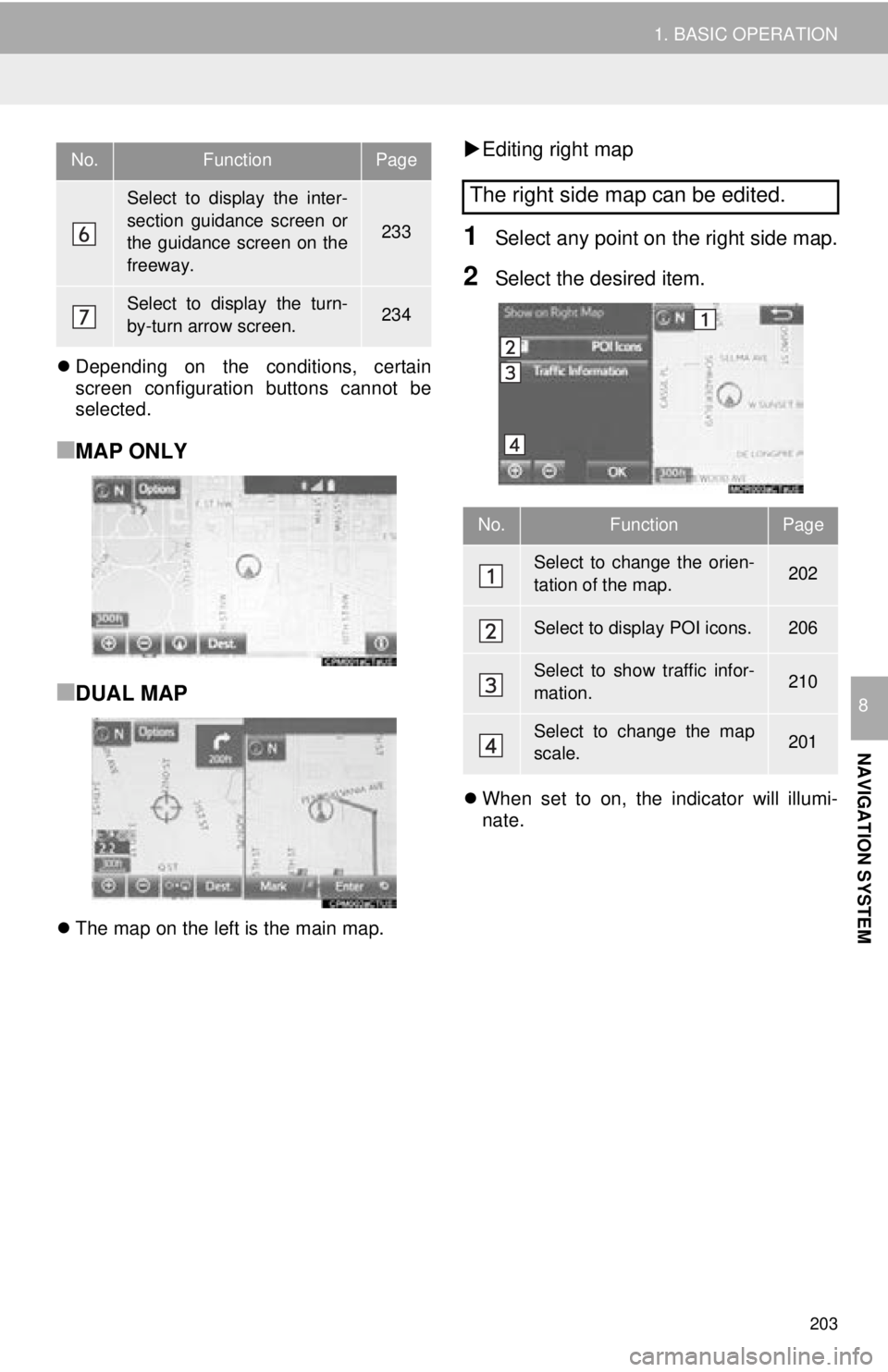 TOYOTA TACOMA 2016 Accessories, Audio & Navigation (in English) 203
1. BASIC OPERATION
NAVIGATION SYSTEM
8
Depending on the conditions, certain
screen configuration buttons cannot be
selected.
■MAP ONLY
■DUAL MAP
The map on the left is the main map.
E TOYOTA TACOMA 2016 Accessories, Audio & Navigation (in English) 203
1. BASIC OPERATION
NAVIGATION SYSTEM
8
Depending on the conditions, certain
screen configuration buttons cannot be
selected.
■MAP ONLY
■DUAL MAP
The map on the left is the main map.
E