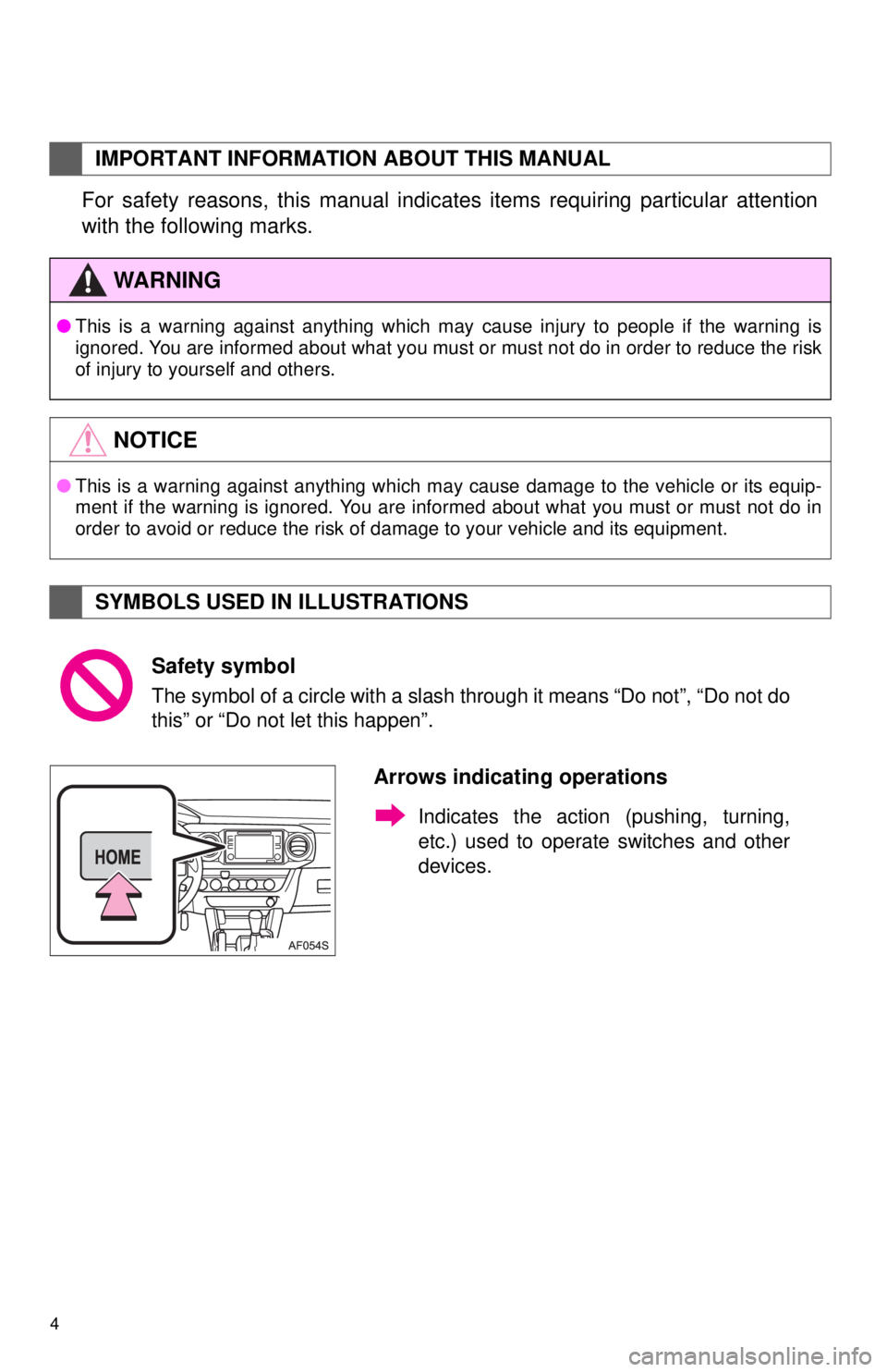 TOYOTA TACOMA 2016 Accessories, Audio & Navigation (in English) 4
For safety reasons, this manual indicates items requiring particular attention
with the following marks.
IMPORTANT INFORMATION ABOUT THIS MANUAL
WA R N I N G
●This is a warning against anything wh TOYOTA TACOMA 2016 Accessories, Audio & Navigation (in English) 4
For safety reasons, this manual indicates items requiring particular attention
with the following marks.
IMPORTANT INFORMATION ABOUT THIS MANUAL
WA R N I N G
●This is a warning against anything wh