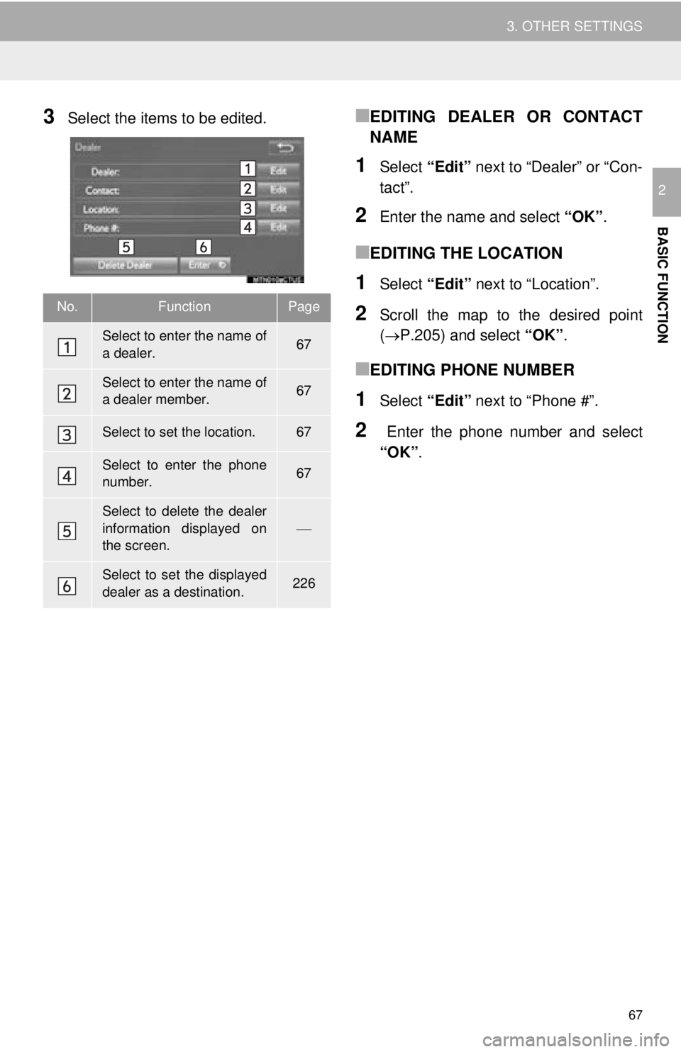 TOYOTA TACOMA 2016  Accessories, Audio & Navigation (in English) 67
3. OTHER SETTINGS
BASIC FUNCTION
2
3Select the items to be edited.■EDITING DEALER OR CONTACT
NAME
1Select “Edit” next to “Dealer” or “Con-
tact”.
2Enter the name and select  “OK”.