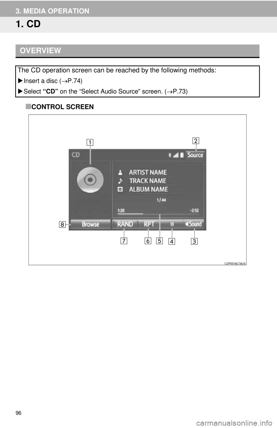 TOYOTA TACOMA 2016 Accessories, Audio & Navigation (in English) 96
3. MEDIA OPERATION
1. CD
■CONTROL SCREEN
OVERVIEW
The CD operation screen can be reached by the following methods:
Insert a disc ( P.74)
Select “CD” on the “Select Audio Source TOYOTA TACOMA 2016 Accessories, Audio & Navigation (in English) 96
3. MEDIA OPERATION
1. CD
■CONTROL SCREEN
OVERVIEW
The CD operation screen can be reached by the following methods:
Insert a disc ( P.74)
Select “CD” on the “Select Audio Source