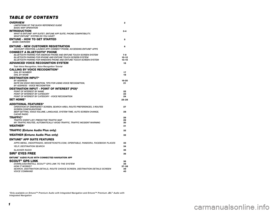 TOYOTA TACOMA 2016  Accessories, Audio & Navigation (in English) TABLE OF CONTENTS
OVERVIEW 2
  LIMITATIONS OF THE QUICK REFERENCE GUIDE
  BASIC MAP OPERATION
INTRODUCTION 3-4
  WHAT IS ENTUNE® APP SUITE?, ENTUNE APP SUITE, PHONE COMPATIBILITY, 
 WHAT ENTUNE™ SY