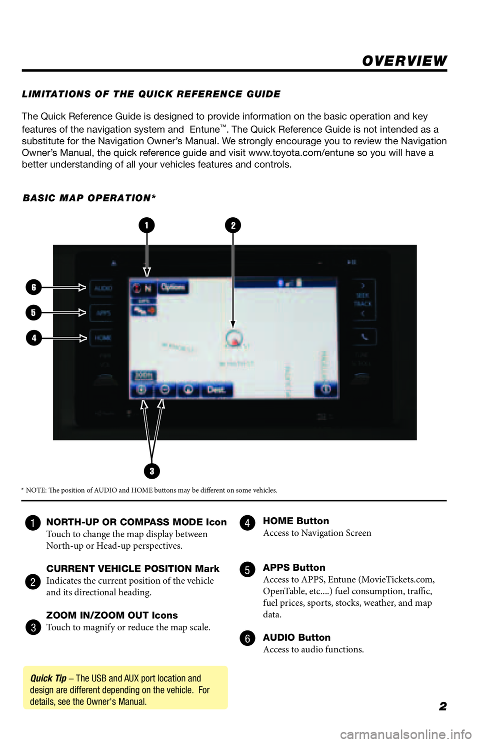 TOYOTA TACOMA 2016 Accessories, Audio & Navigation (in English) 2
The Quick Reference Guide is designed to provide information on the basic operation and key
features of the navigation system and Entune™. The Quick Reference Guide is not intended as a
substit TOYOTA TACOMA 2016 Accessories, Audio & Navigation (in English) 2
The Quick Reference Guide is designed to provide information on the basic operation and key
features of the navigation system and Entune™. The Quick Reference Guide is not intended as a
substit