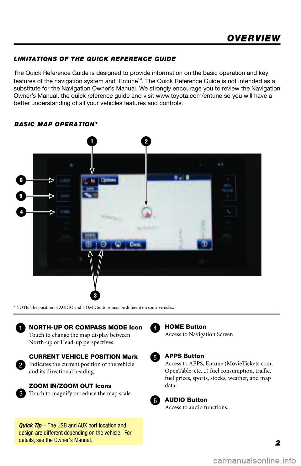 TOYOTA TACOMA 2016  Accessories, Audio & Navigation (in English) 2
The Quick Reference Guide is designed to provide information on the basic operation and key 
features of the navigation system and  Entune™. The Quick Reference Guide is not intended as a 
substit