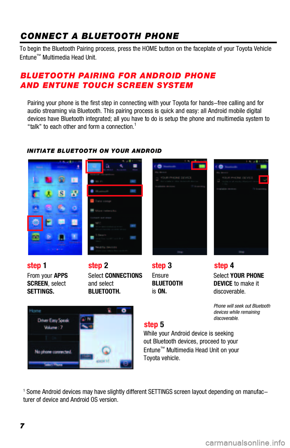 TOYOTA TACOMA 2016  Accessories, Audio & Navigation (in English) 7
Pairing your phone is the first step in connecting with your Toyota for hands-free calling and for 
audio streaming via Bluetooth. This pairing process is quick and easy: all Android mobile digital 