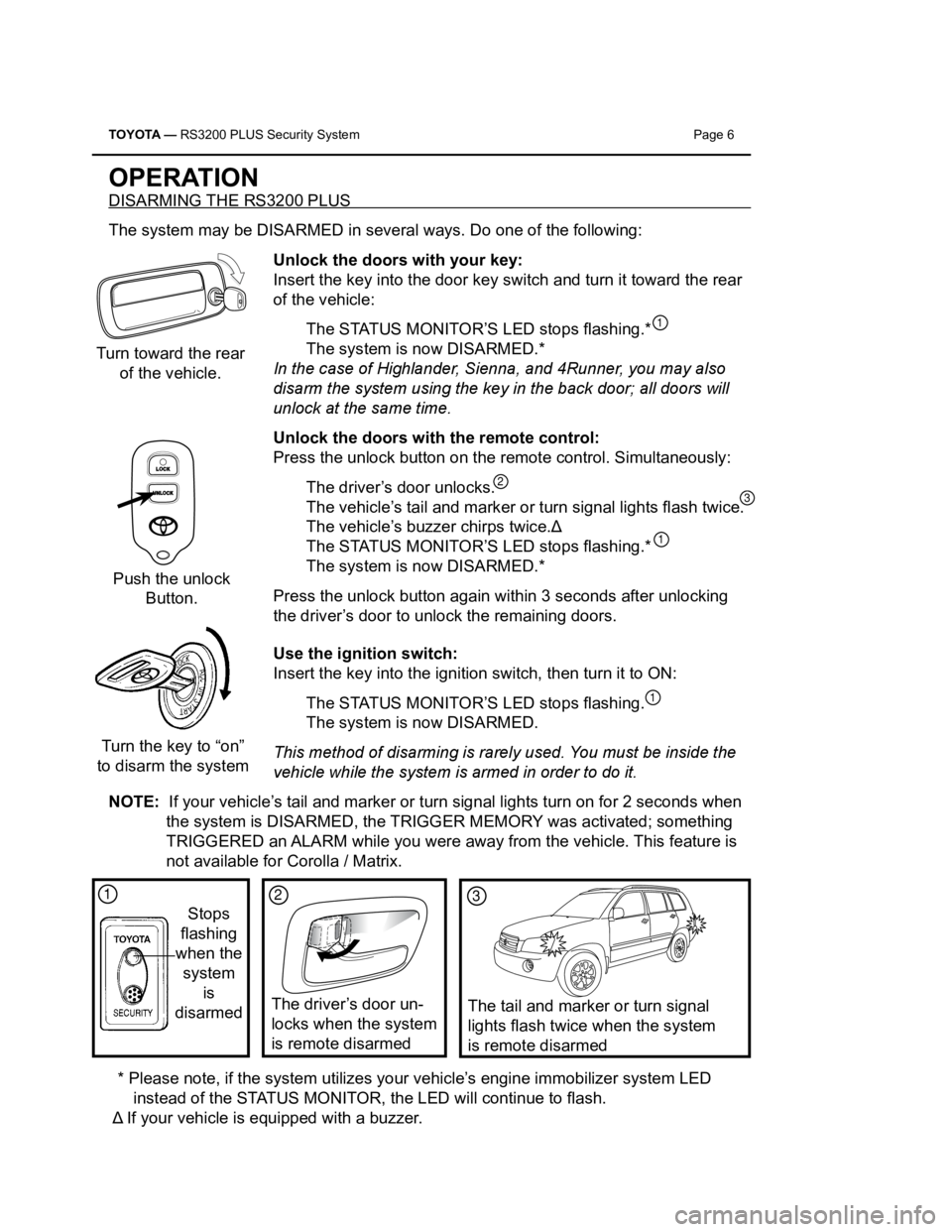 TOYOTA TACOMA 2016 Accessories, Audio & Navigation (in English) TOYOTA — RS3200 PLUS Security System Page 6
OPERATION
DISARMING THE RS3200 PLUS
The system may be DISARMED in several ways. Do one of the following:
Unlock the doors with your key:
Insert the ke TOYOTA TACOMA 2016 Accessories, Audio & Navigation (in English) TOYOTA — RS3200 PLUS Security System Page 6
OPERATION
DISARMING THE RS3200 PLUS
The system may be DISARMED in several ways. Do one of the following:
Unlock the doors with your key:
Insert the ke