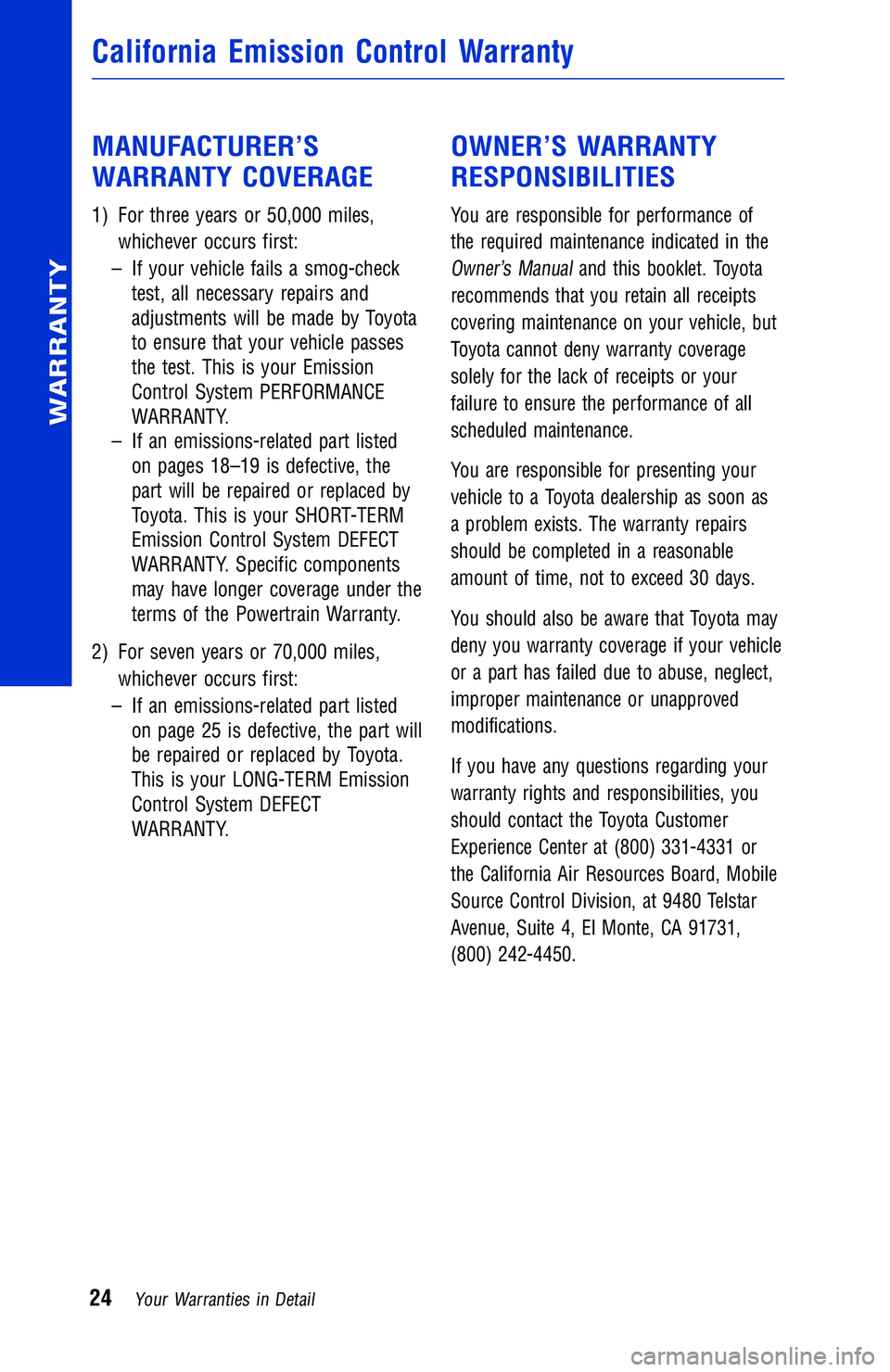 TOYOTA TACOMA 2016 Warranties & Maintenance Guides (in English) MANUFACTURER’S
WARRANTY COVERAGE
1) For three years or 50,000 miles,
whichever occurs first:
– If your vehicle fails a smog-check
test, all necessary repairs and
adjustments will be made by Toyota TOYOTA TACOMA 2016 Warranties & Maintenance Guides (in English) MANUFACTURER’S
WARRANTY COVERAGE
1) For three years or 50,000 miles,
whichever occurs first:
– If your vehicle fails a smog-check
test, all necessary repairs and
adjustments will be made by Toyota