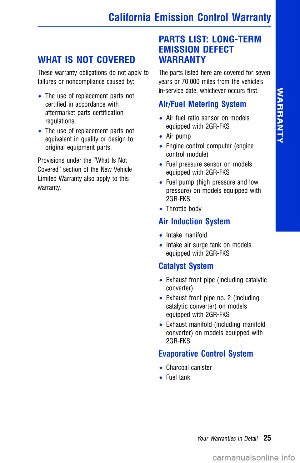 TOYOTA TACOMA 2016 Warranties & Maintenance Guides (in English) WHAT IS NOT COVERED
These warranty obligations do not apply to
failures or noncompliance caused by:
•The use of replacement parts not
certified in accordance with
aftermarket parts certification
reg TOYOTA TACOMA 2016 Warranties & Maintenance Guides (in English) WHAT IS NOT COVERED
These warranty obligations do not apply to
failures or noncompliance caused by:
•The use of replacement parts not
certified in accordance with
aftermarket parts certification
reg