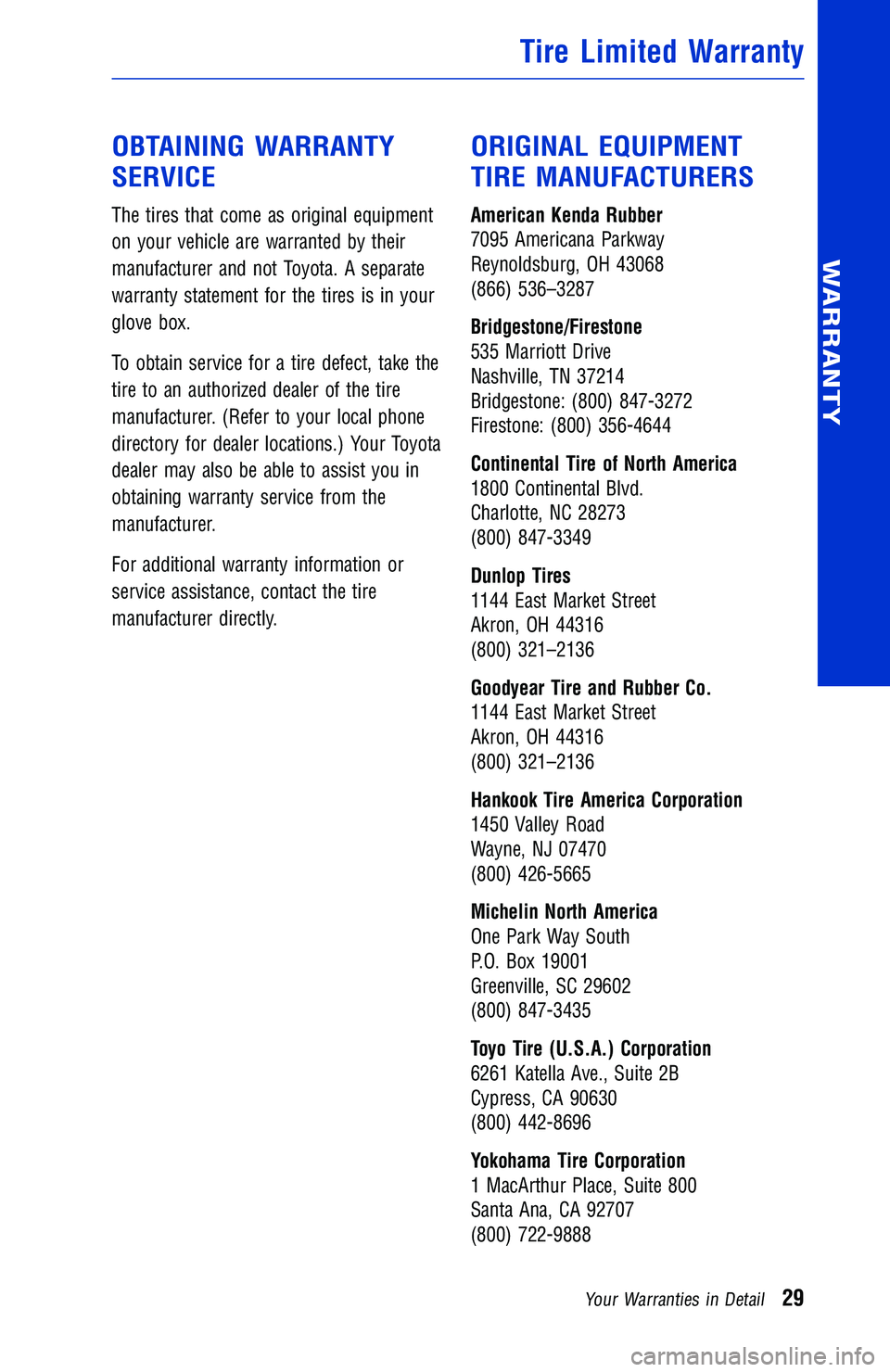 TOYOTA TACOMA 2016 Warranties & Maintenance Guides (in English) OBTAINING WARRANTY
SERVICE
The tires that come as original equipment
on your vehicle are warranted by their
manufacturer and not Toyota. A separate
warranty statement for the tires is in your
glove bo TOYOTA TACOMA 2016 Warranties & Maintenance Guides (in English) OBTAINING WARRANTY
SERVICE
The tires that come as original equipment
on your vehicle are warranted by their
manufacturer and not Toyota. A separate
warranty statement for the tires is in your
glove bo